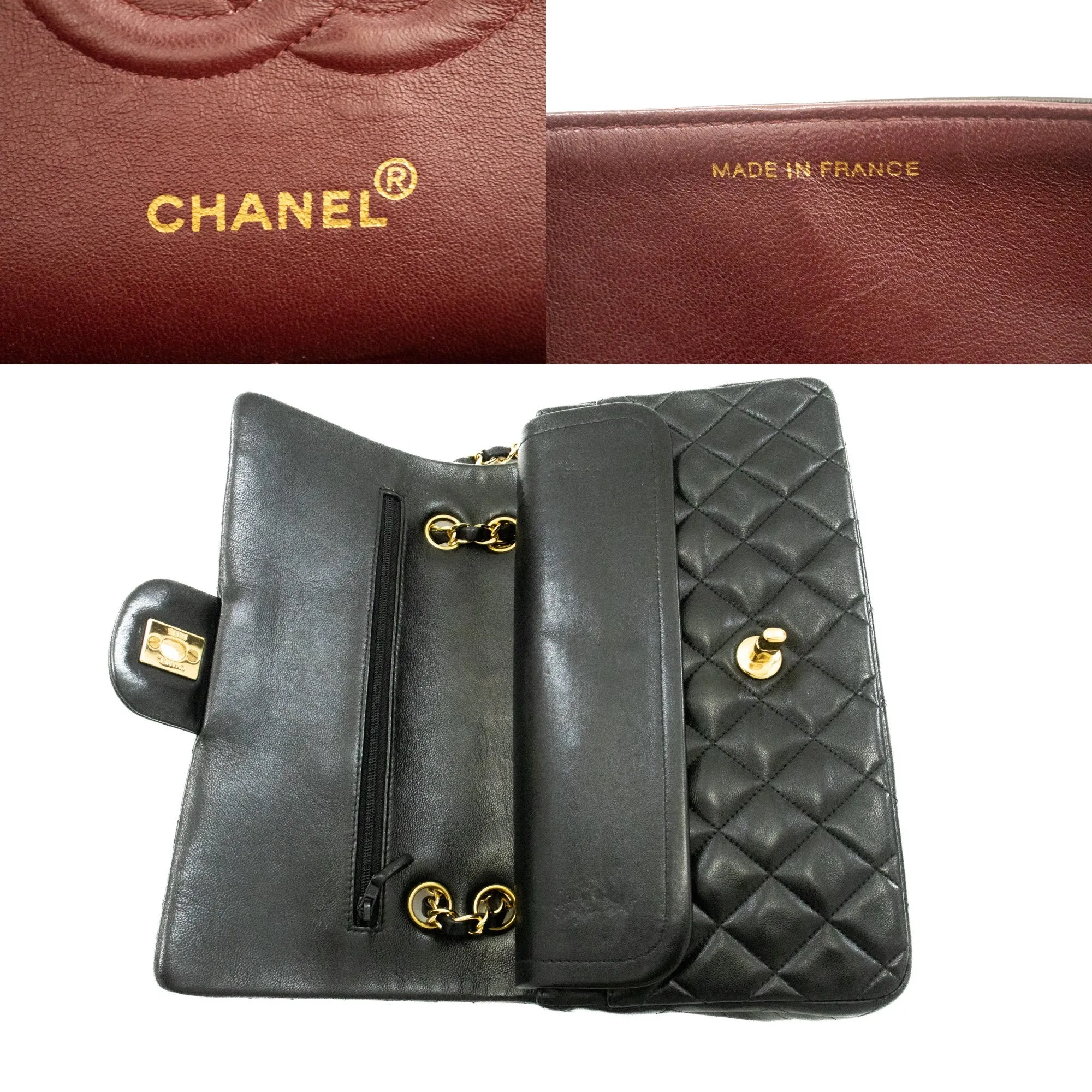 CHANEL Classic Double Flap 10" Chain Shoulder Bag Black Lambskin k39