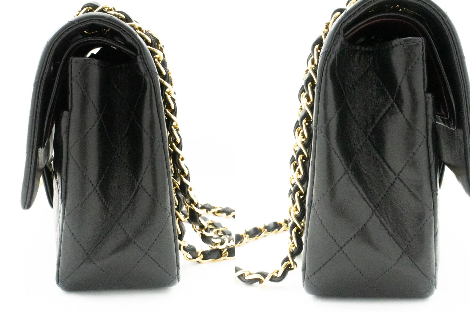 CHANEL Classic Double Flap 10" Chain Shoulder Bag Black Lambskin k39