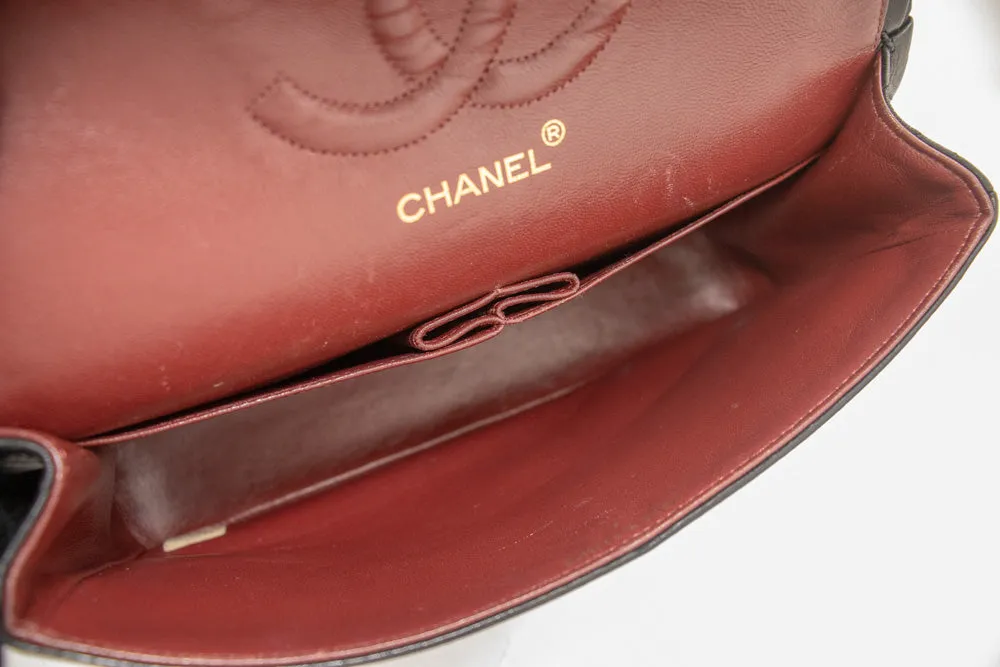 CHANEL Classic Double Flap 10" Chain Shoulder Bag Black Lambskin k69