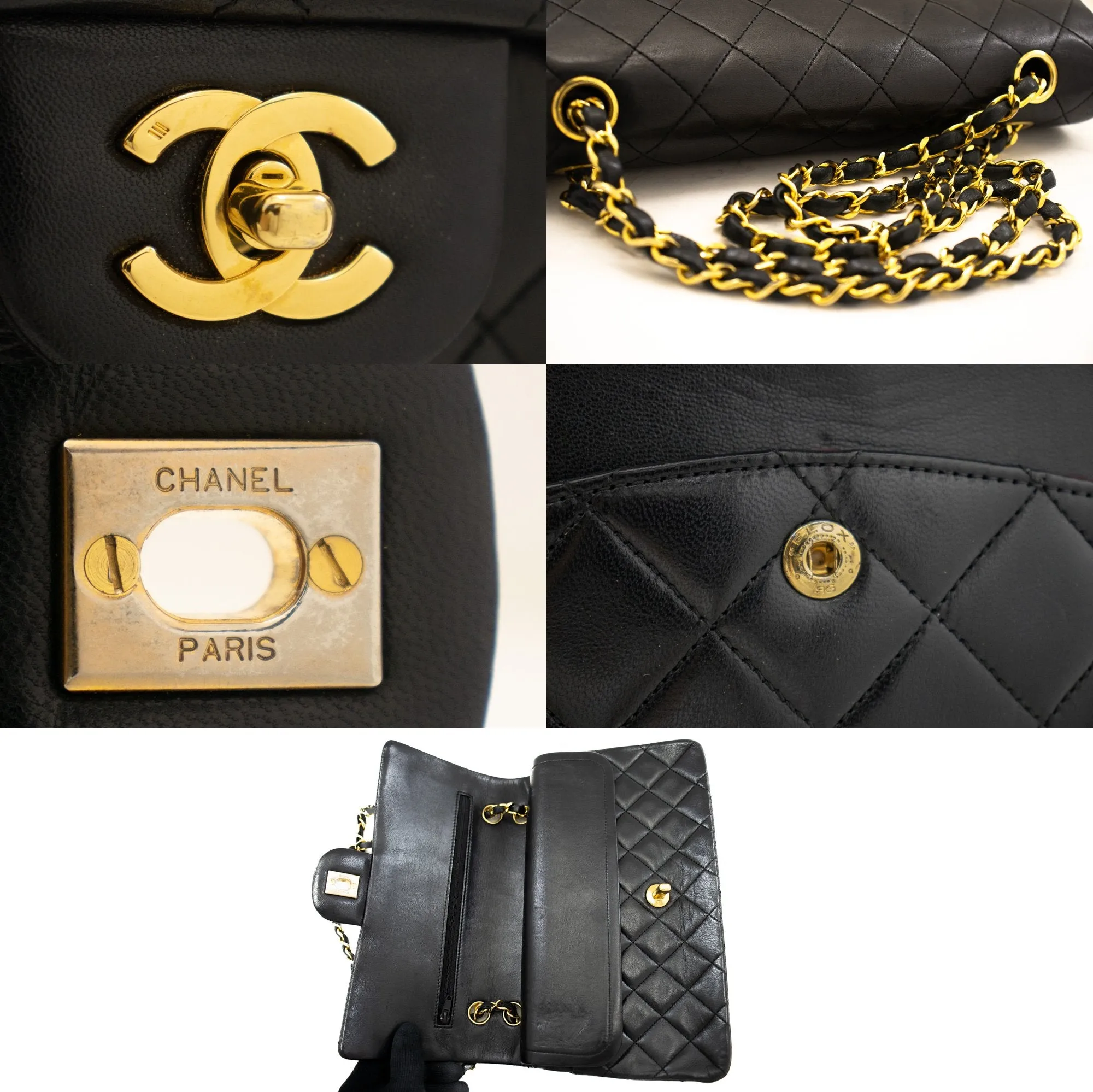 CHANEL Classic Double Flap 10" Chain Shoulder Bag Black Lambskin k69