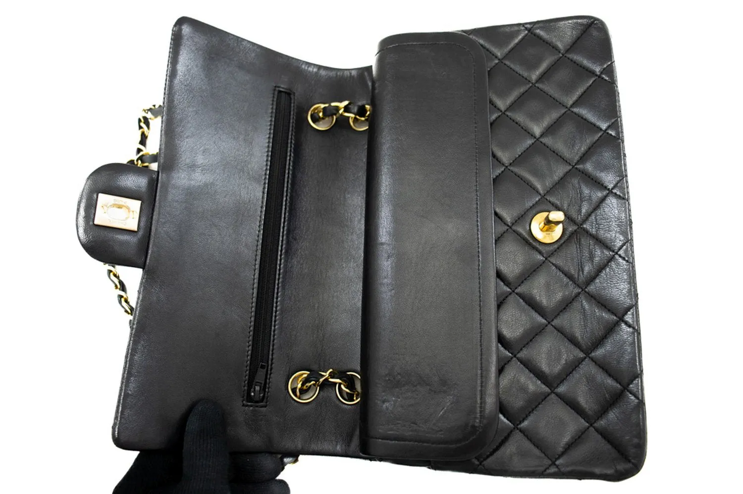 CHANEL Classic Double Flap 10" Chain Shoulder Bag Black Lambskin k69