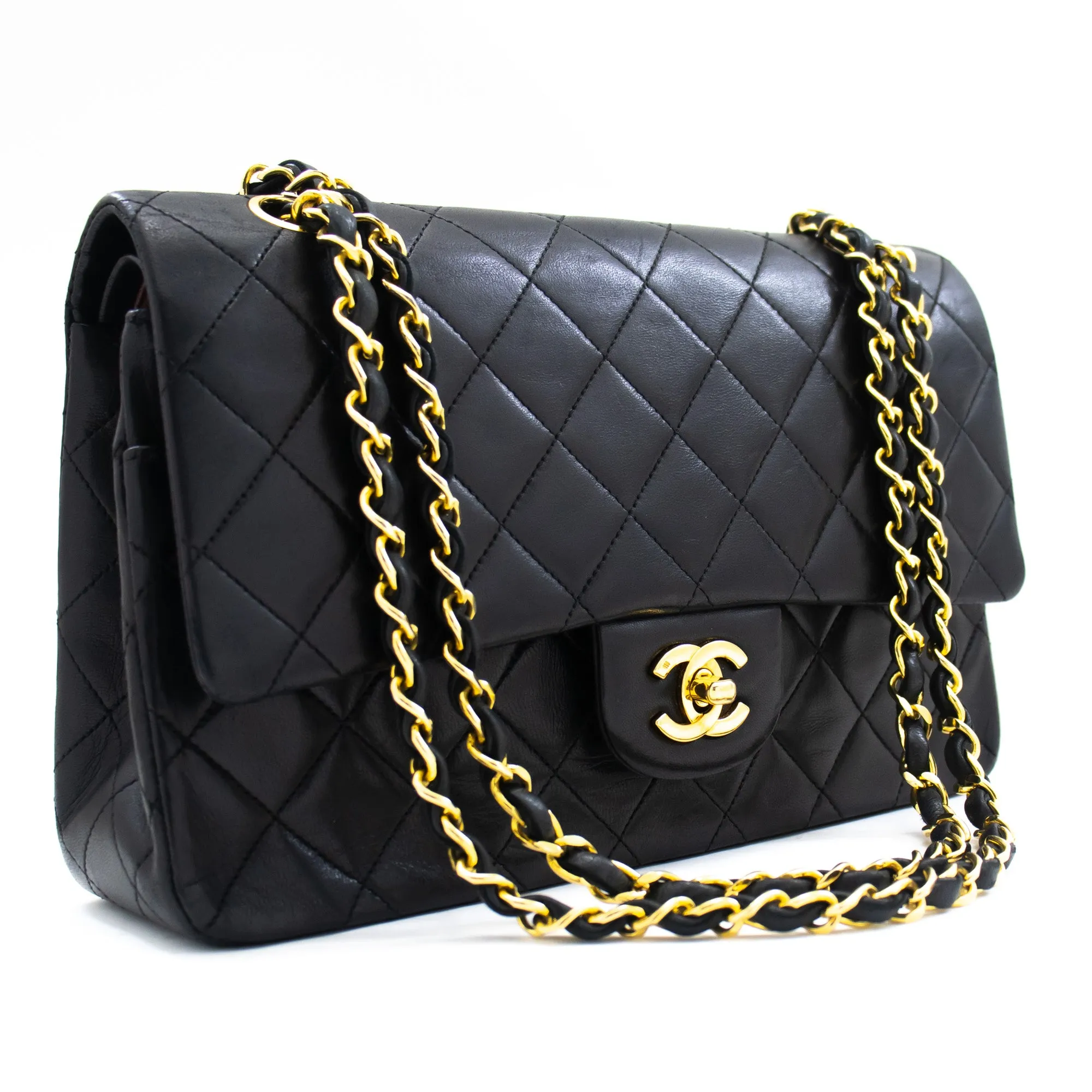 CHANEL Classic Double Flap 10" Chain Shoulder Bag Black Lambskin k69