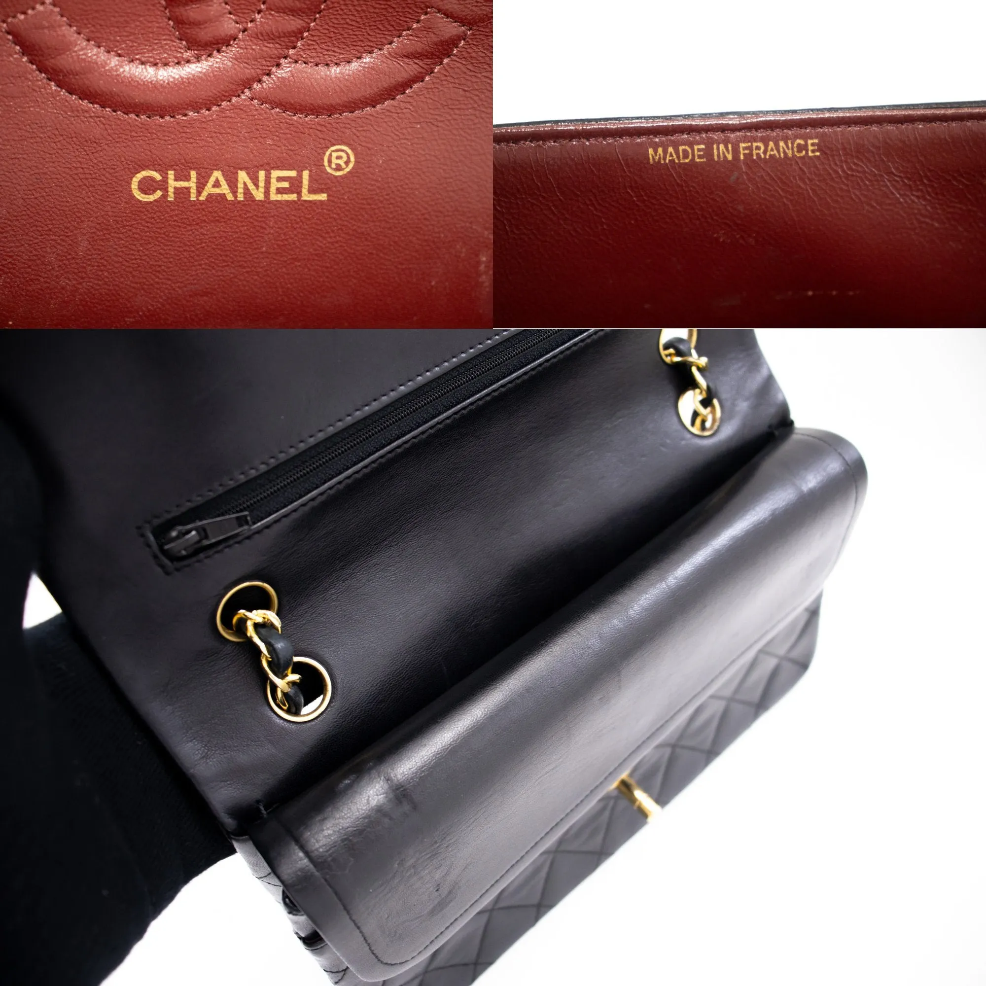 CHANEL Classic Double Flap 10" Chain Shoulder Bag Black Lambskin k69