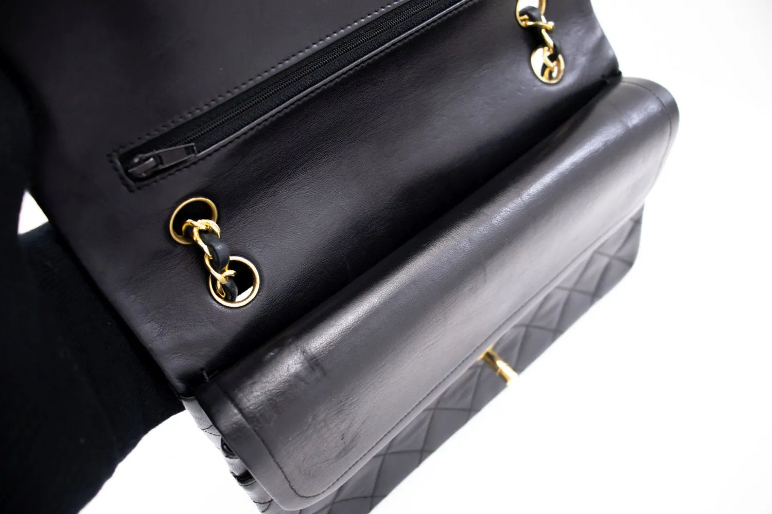 CHANEL Classic Double Flap 10" Chain Shoulder Bag Black Lambskin k69