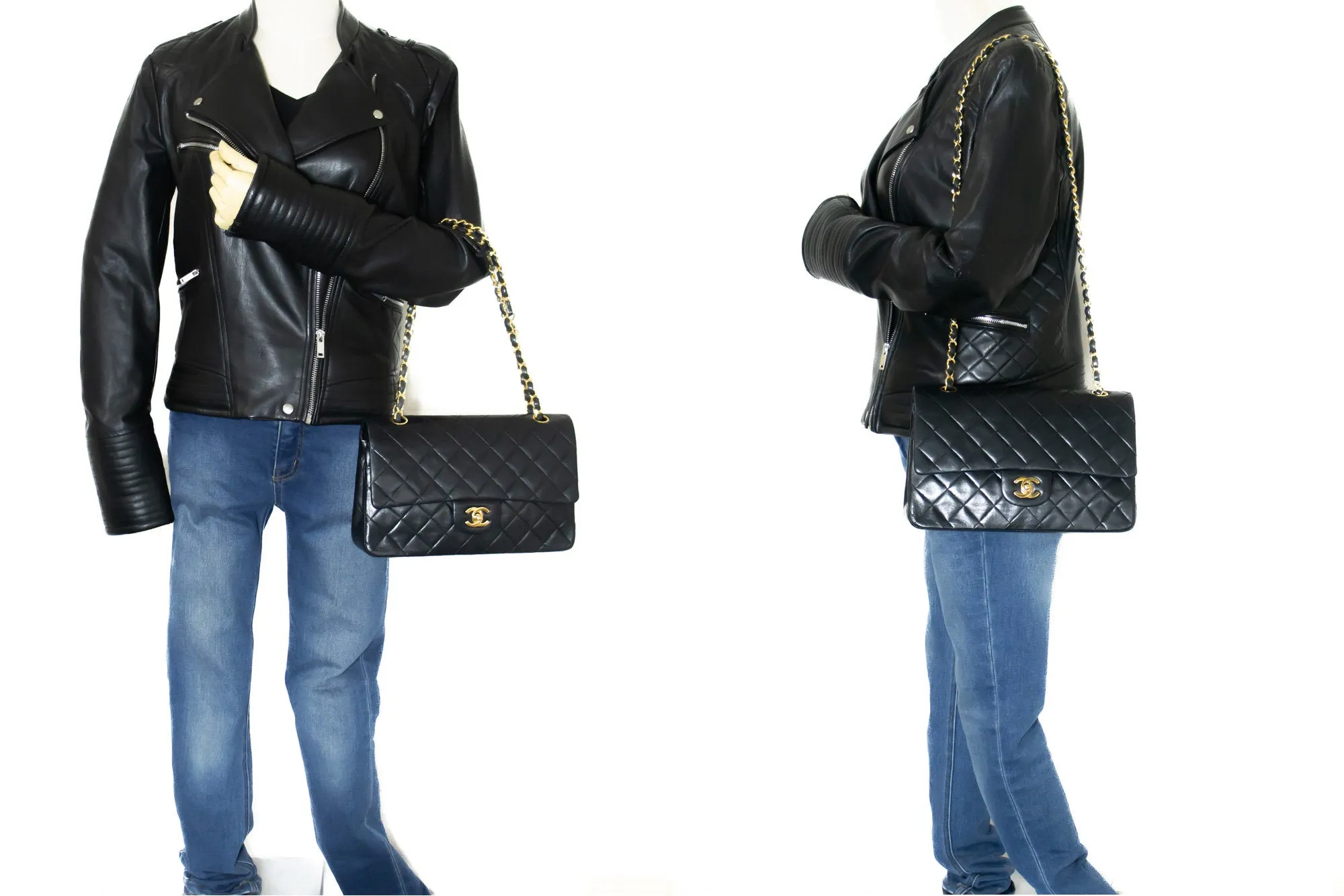 CHANEL Classic Double Flap 10" Chain Shoulder Bag Black Lambskin k69