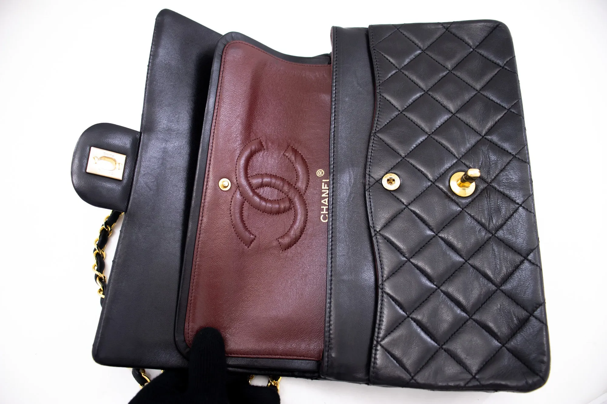 CHANEL Classic Double Flap 10" Chain Shoulder Bag Black Lambskin k69
