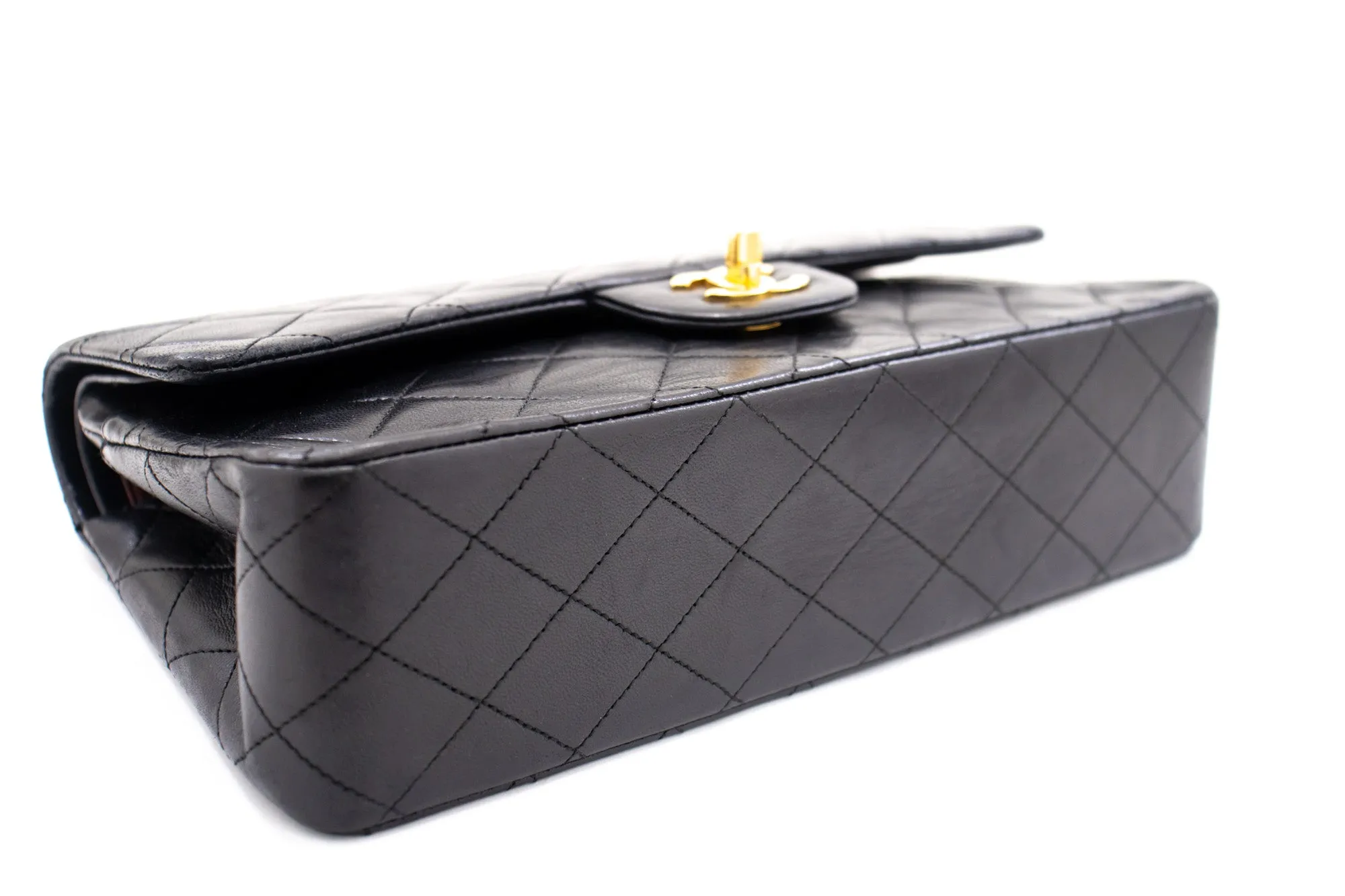 CHANEL Classic Double Flap 10" Chain Shoulder Bag Black Lambskin k69