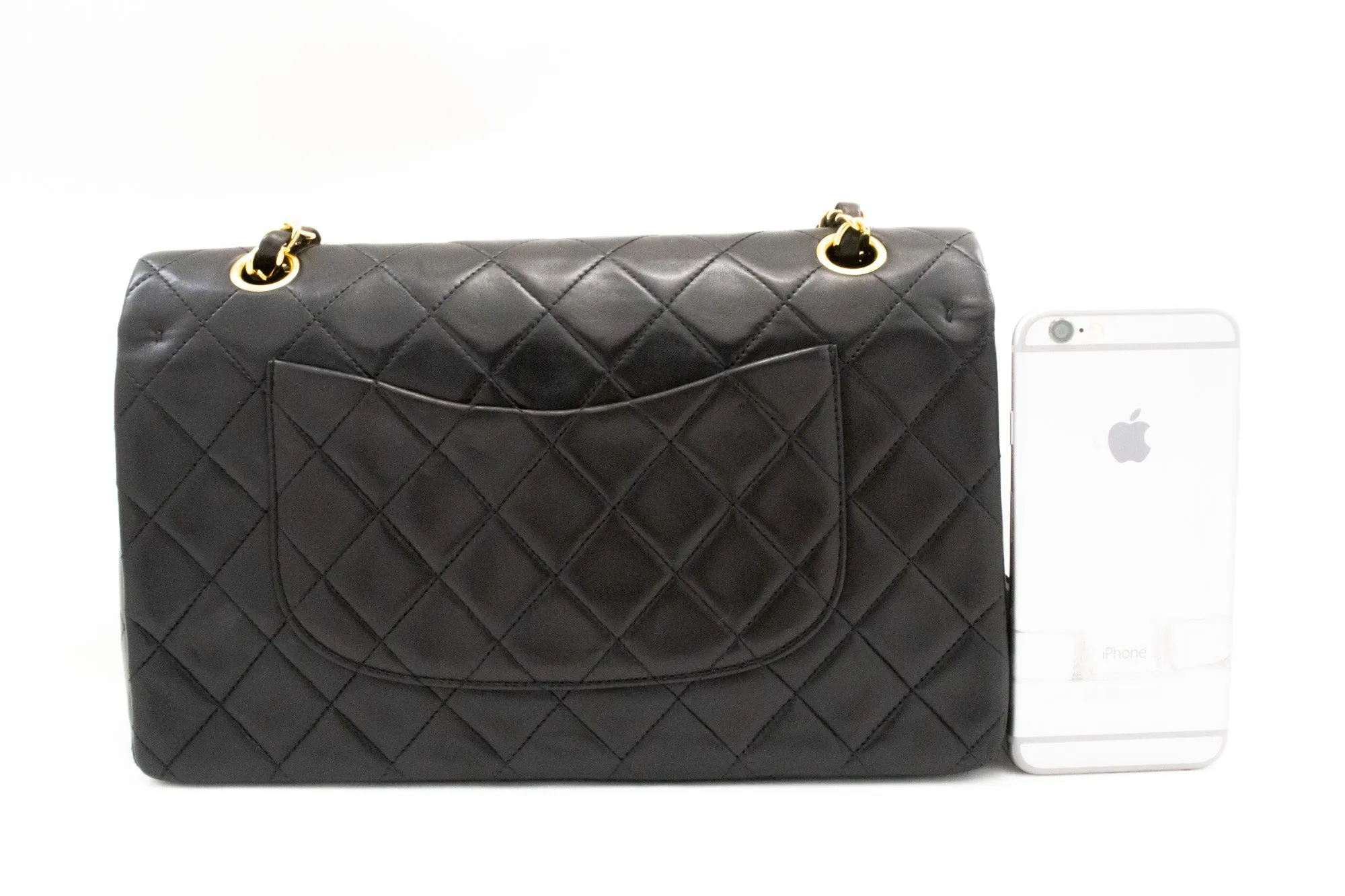 CHANEL Classic Double Flap 10" Chain Shoulder Bag Black Lambskin k74