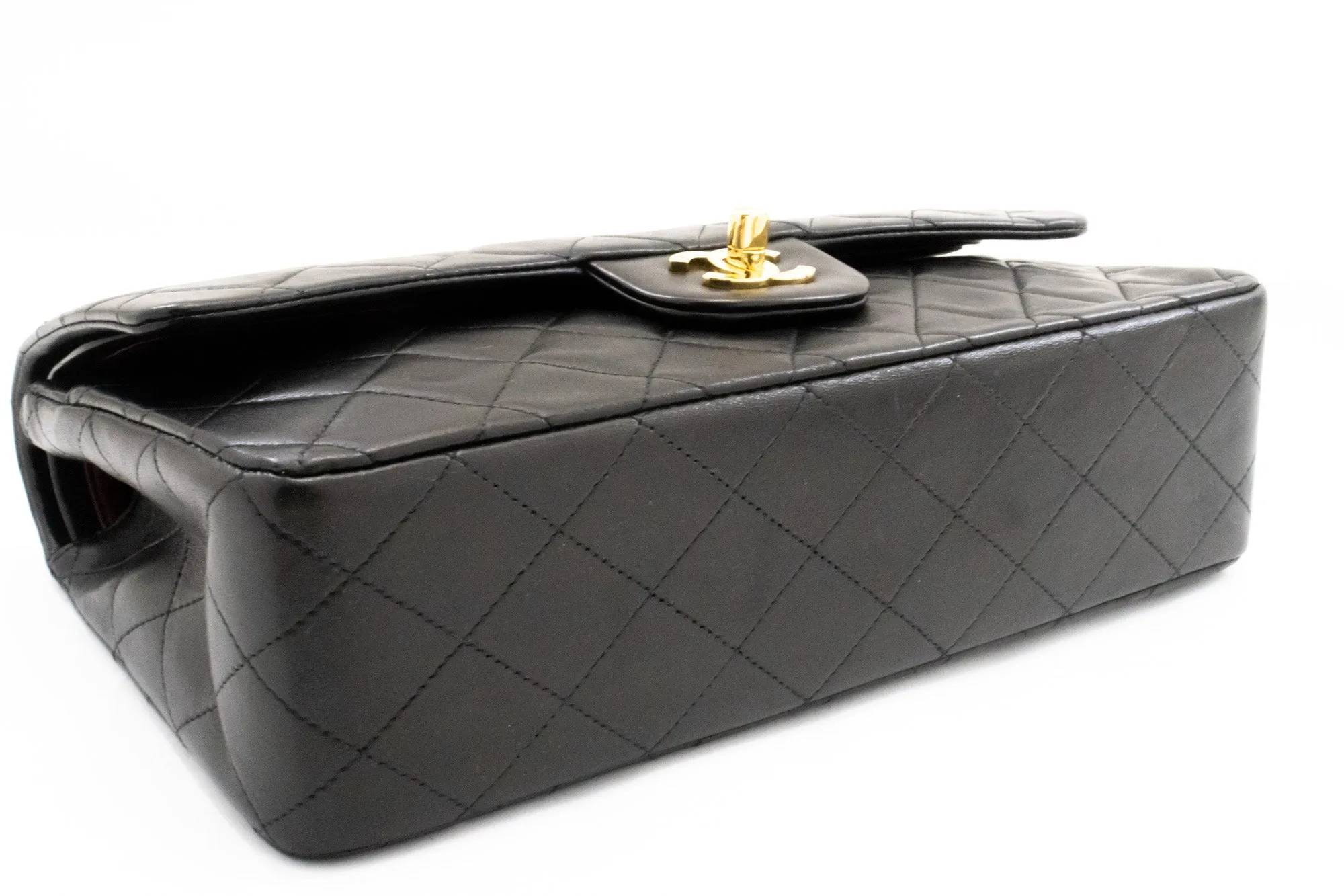 CHANEL Classic Double Flap 10" Chain Shoulder Bag Black Lambskin k74