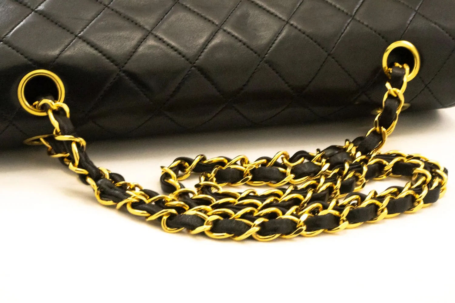 CHANEL Classic Double Flap 10" Chain Shoulder Bag Black Lambskin k74