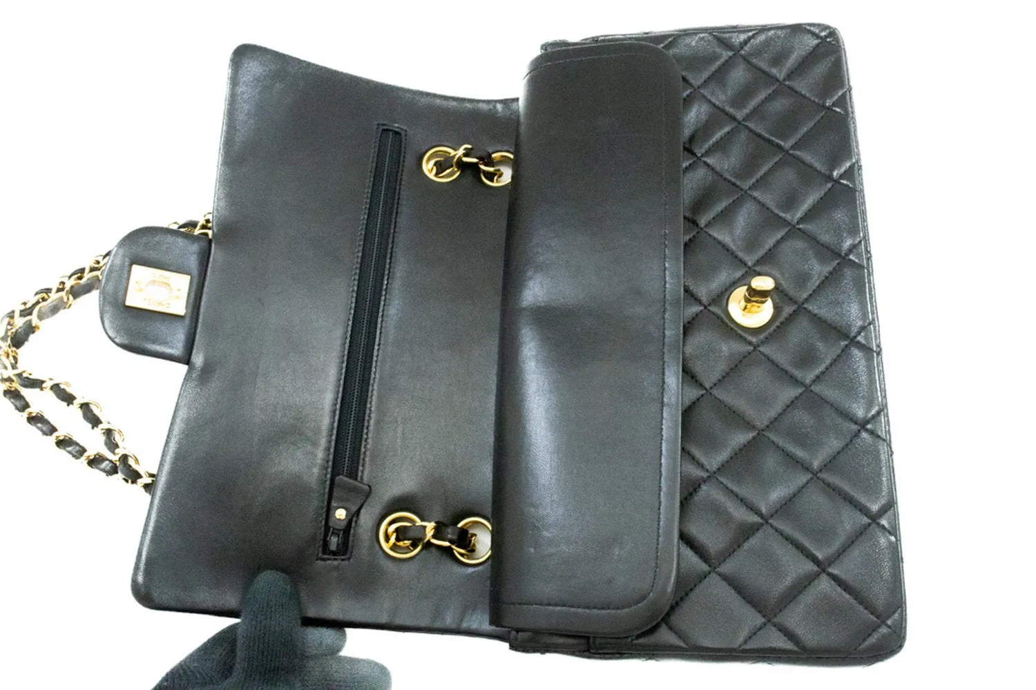 CHANEL Classic Double Flap 10" Chain Shoulder Bag Black Lambskin k74