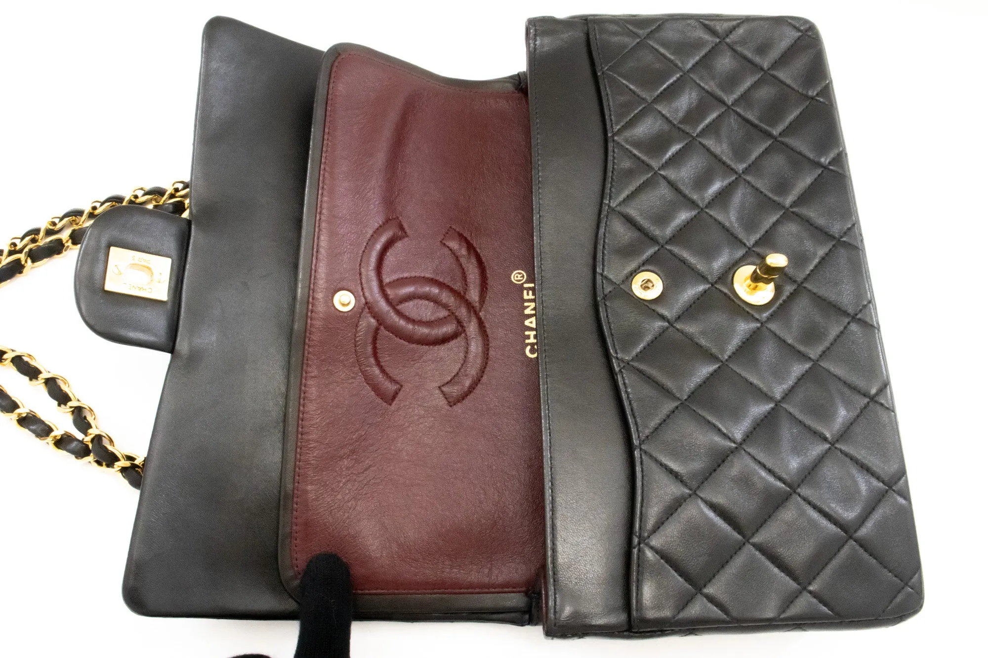 CHANEL Classic Double Flap 10" Chain Shoulder Bag Black Lambskin k74