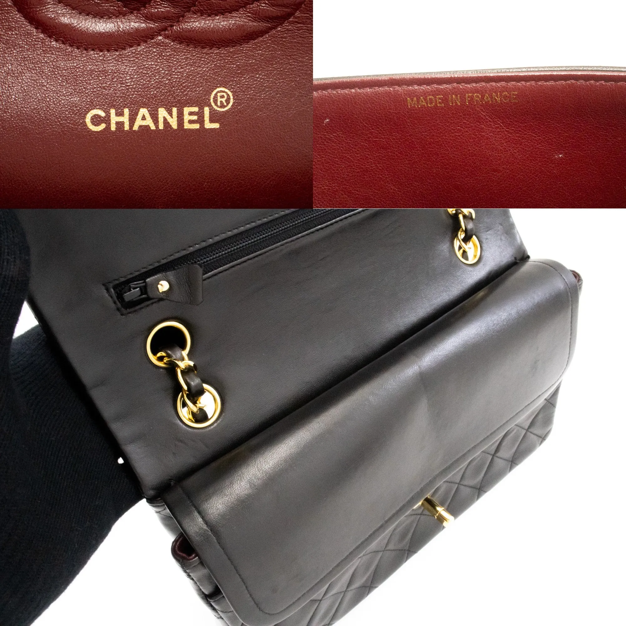 CHANEL Classic Double Flap 10" Chain Shoulder Bag Black Lambskin k74