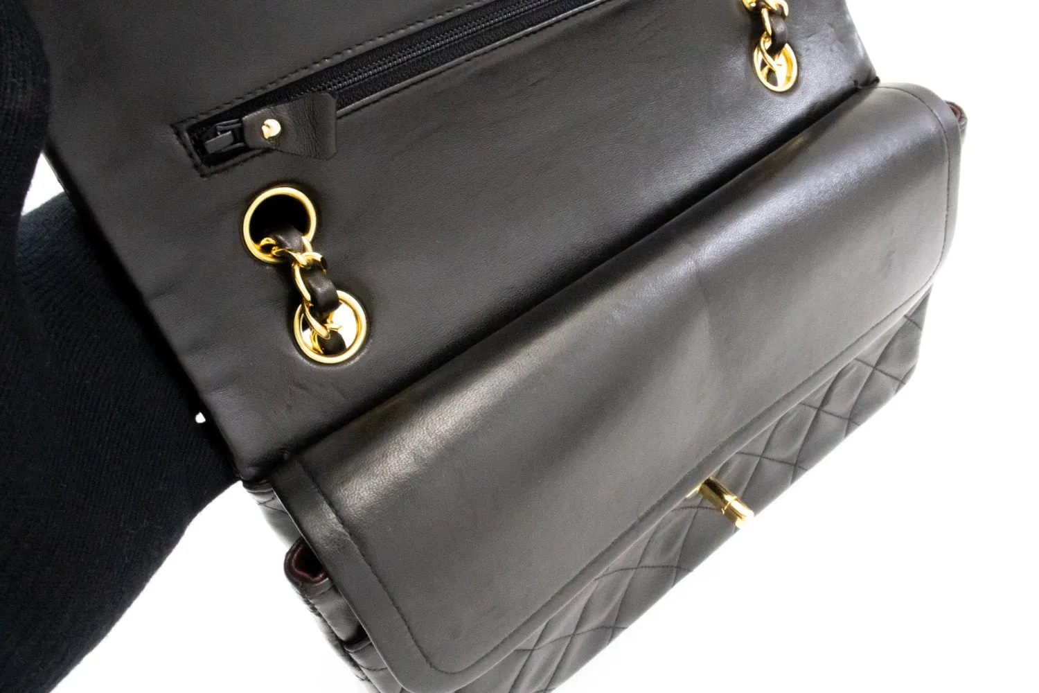 CHANEL Classic Double Flap 10" Chain Shoulder Bag Black Lambskin k74