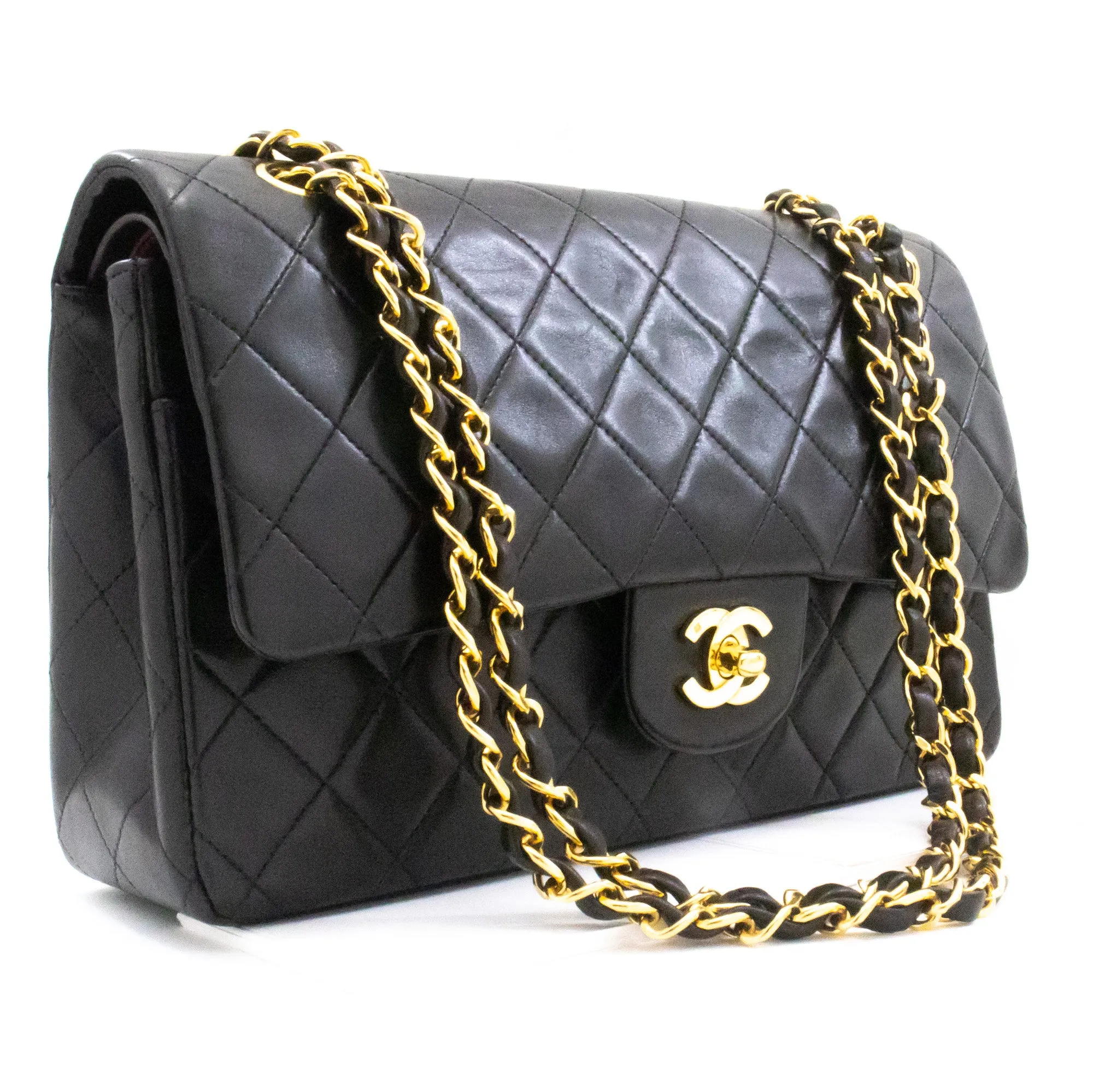 CHANEL Classic Double Flap 10" Chain Shoulder Bag Black Lambskin k74