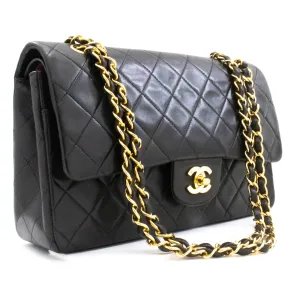CHANEL Classic Double Flap 10" Chain Shoulder Bag Black Lambskin k74