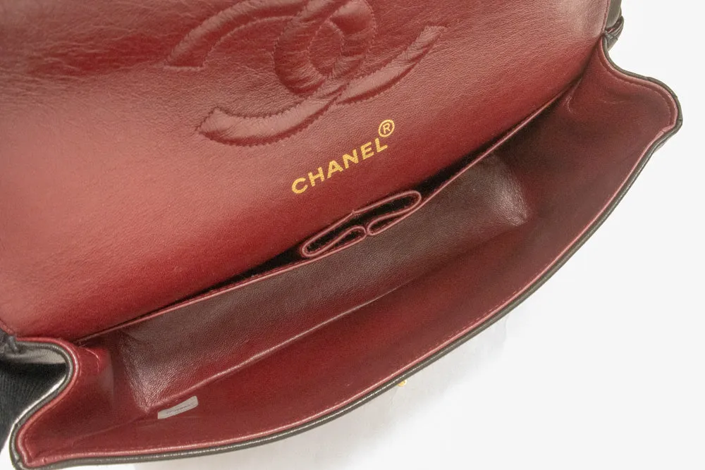 CHANEL Classic Double Flap 10" Chain Shoulder Bag Black Lambskin k74