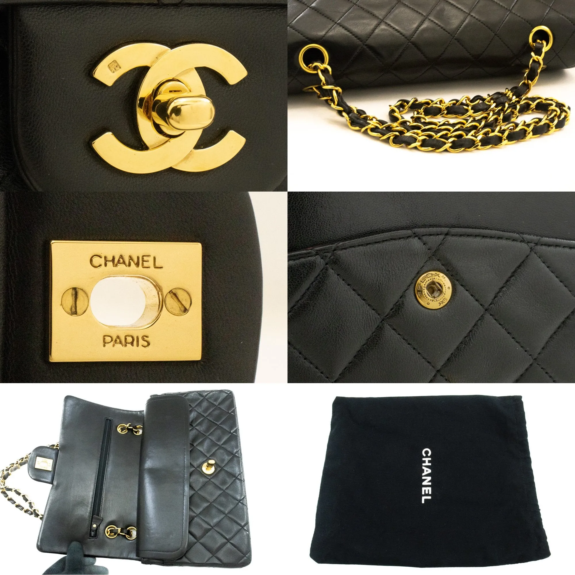 CHANEL Classic Double Flap 10" Chain Shoulder Bag Black Lambskin k74