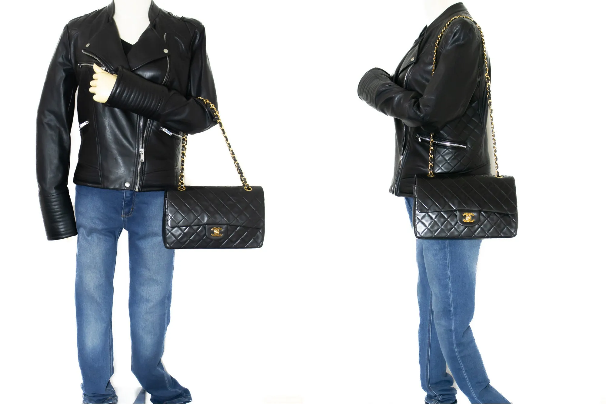 CHANEL Classic Double Flap 10" Chain Shoulder Bag Black Lambskin k74