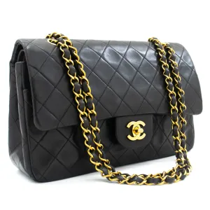 CHANEL Classic Double Flap 10" Chain Shoulder Bag Black Lambskin k87