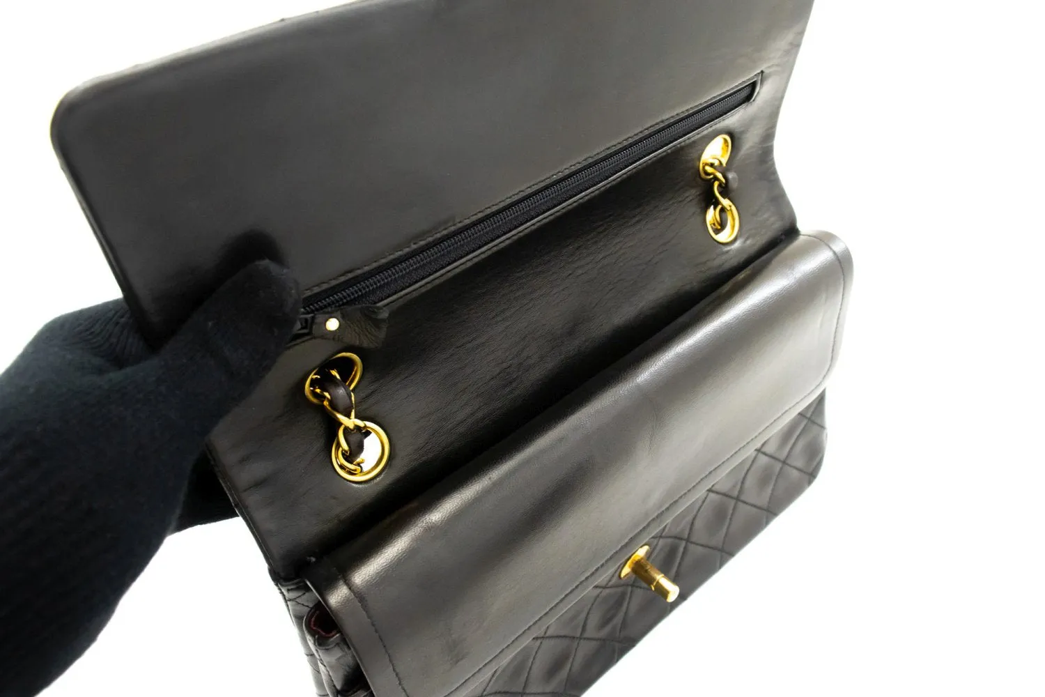 CHANEL Classic Double Flap 10" Chain Shoulder Bag Black Lambskin k87