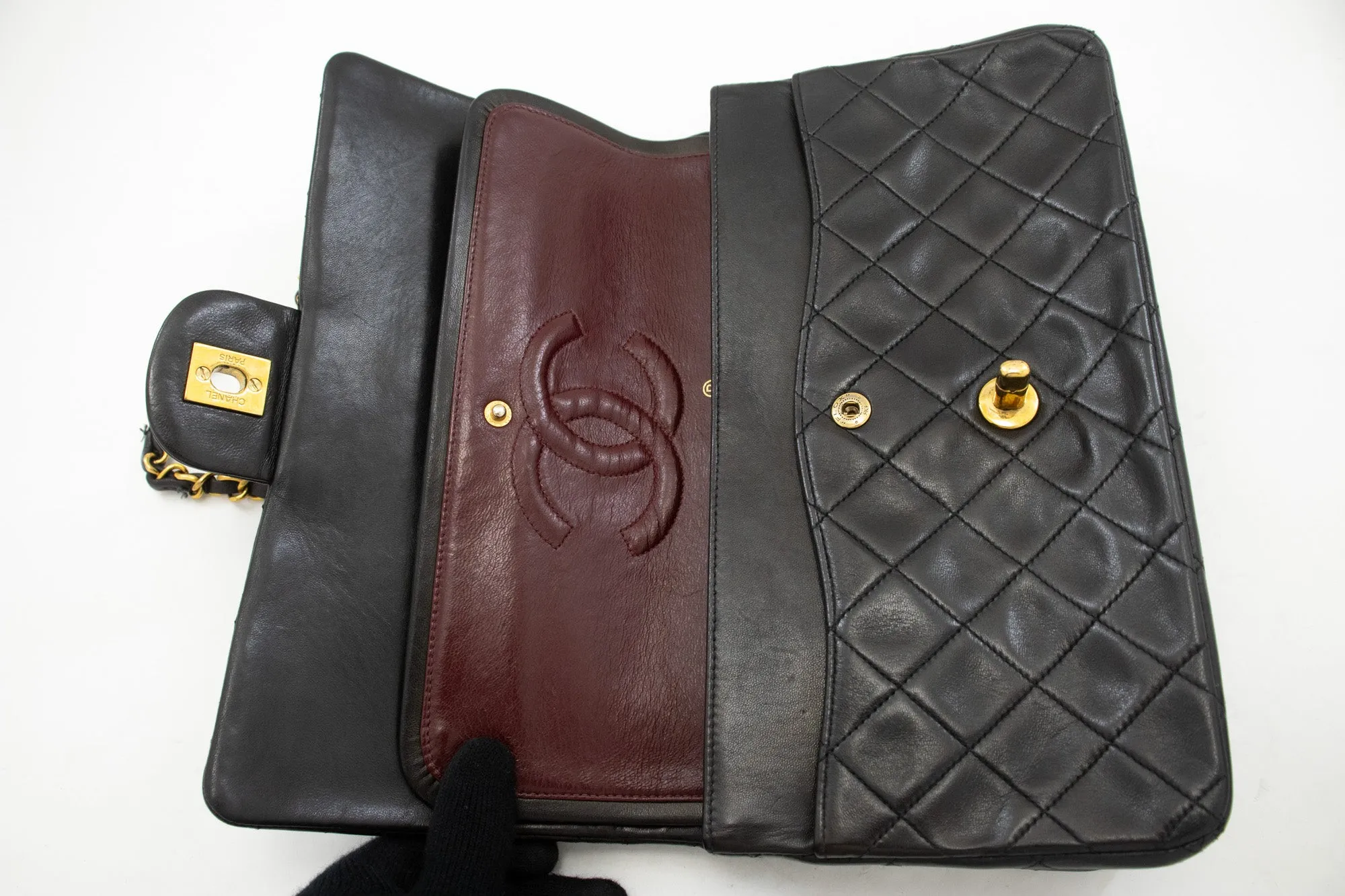 CHANEL Classic Double Flap 10" Chain Shoulder Bag Black Lambskin k87