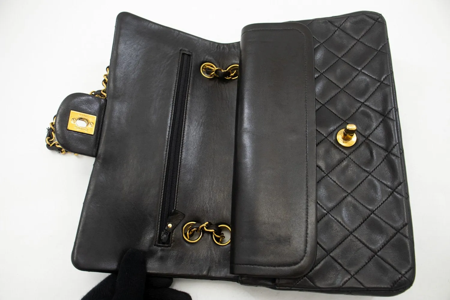 CHANEL Classic Double Flap 10" Chain Shoulder Bag Black Lambskin k87