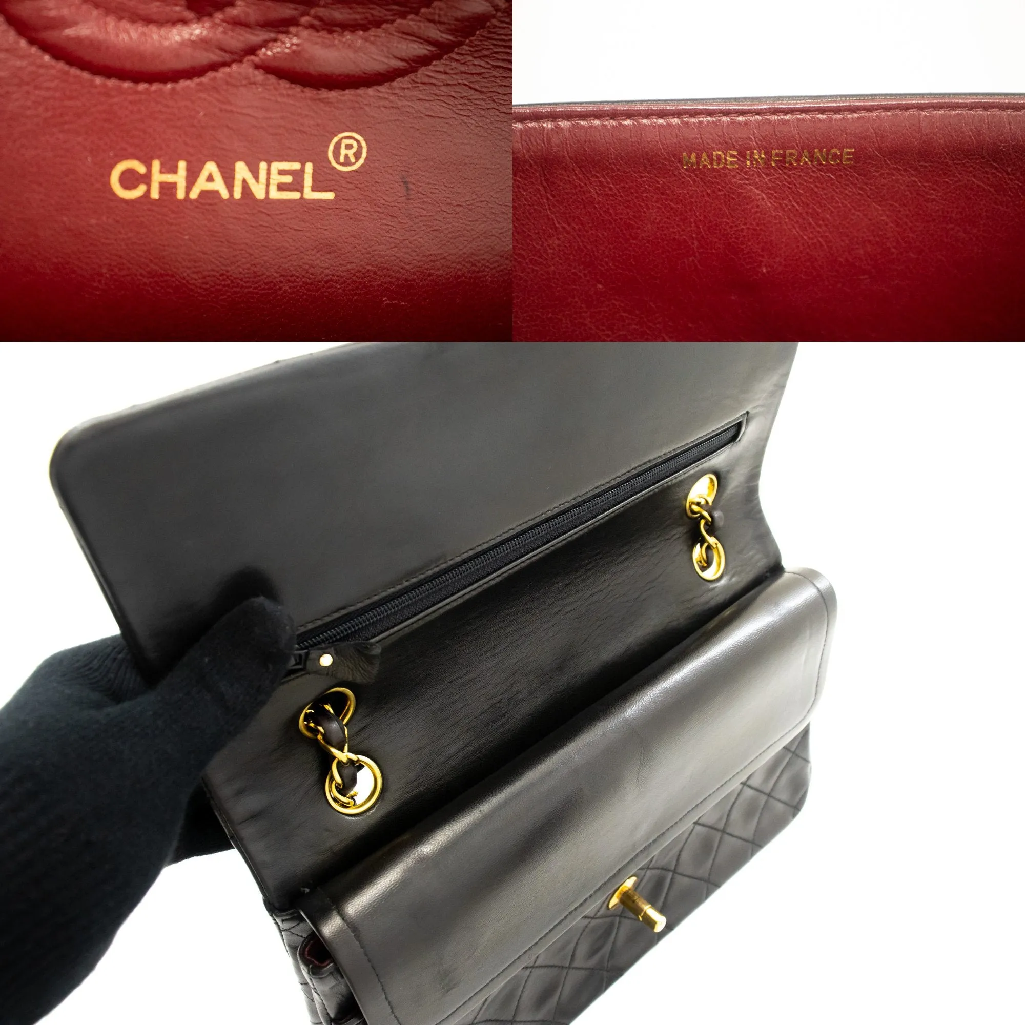 CHANEL Classic Double Flap 10" Chain Shoulder Bag Black Lambskin k87