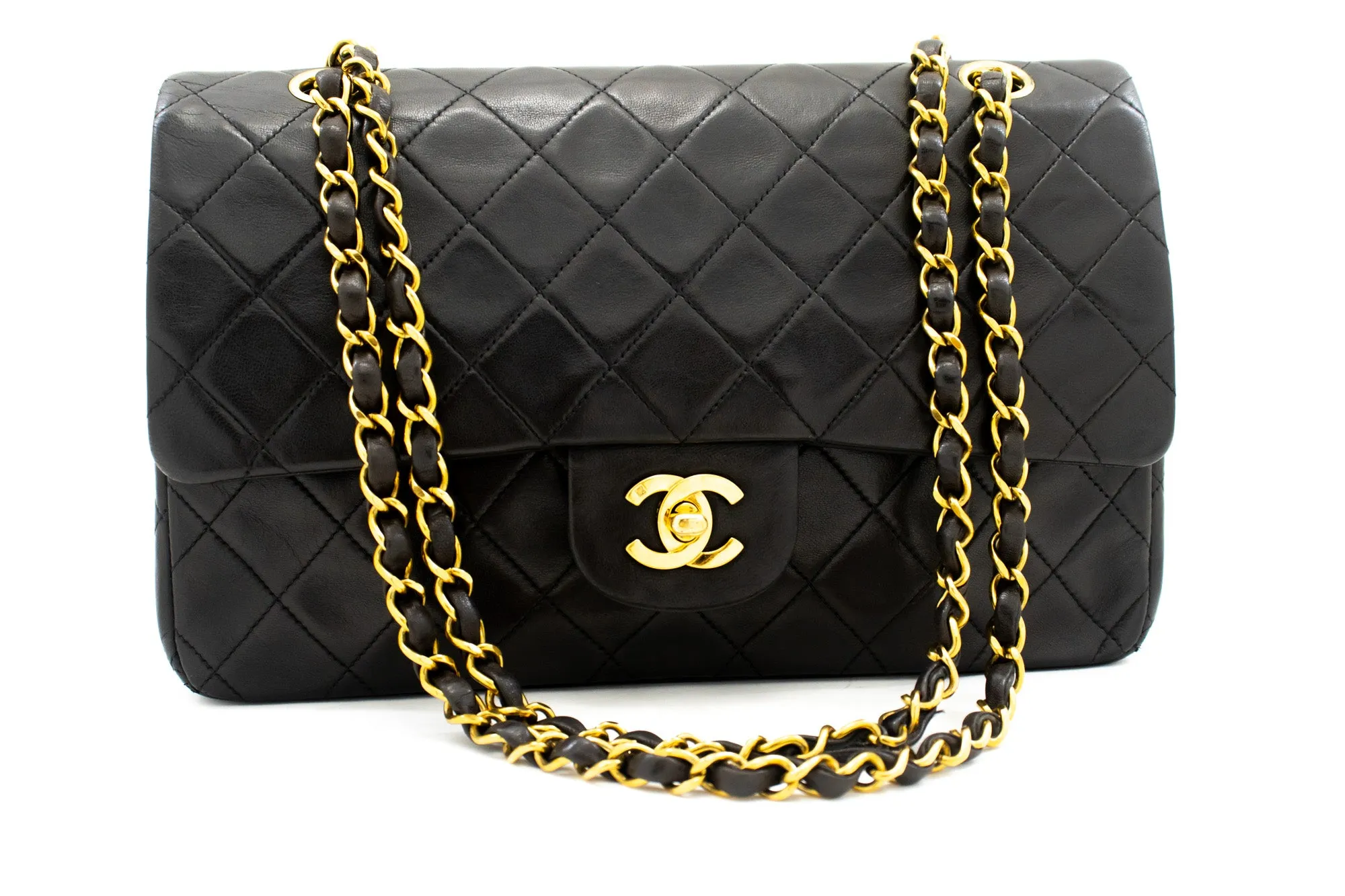 CHANEL Classic Double Flap 10" Chain Shoulder Bag Black Lambskin k87