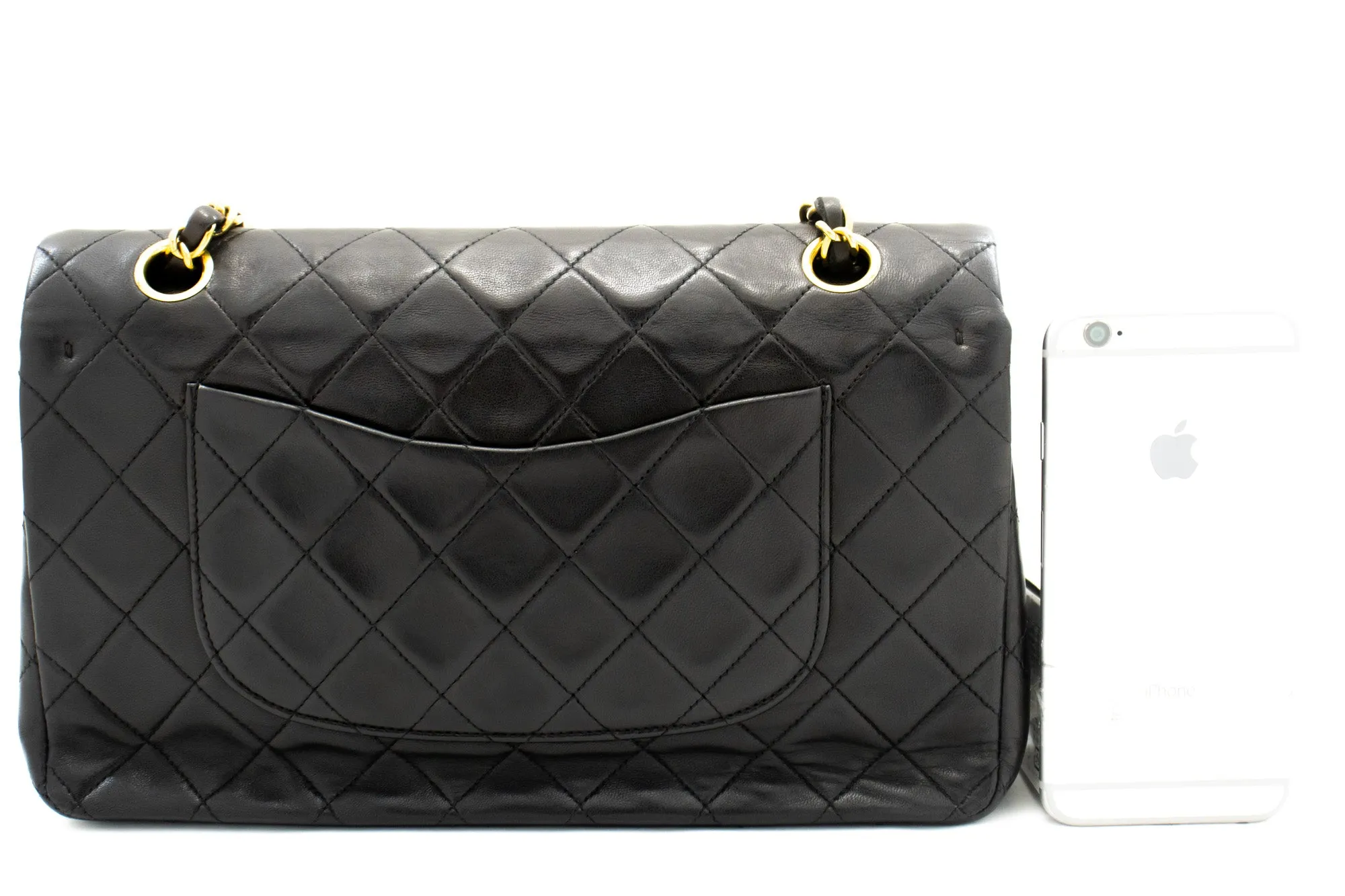 CHANEL Classic Double Flap 10" Chain Shoulder Bag Black Lambskin k87