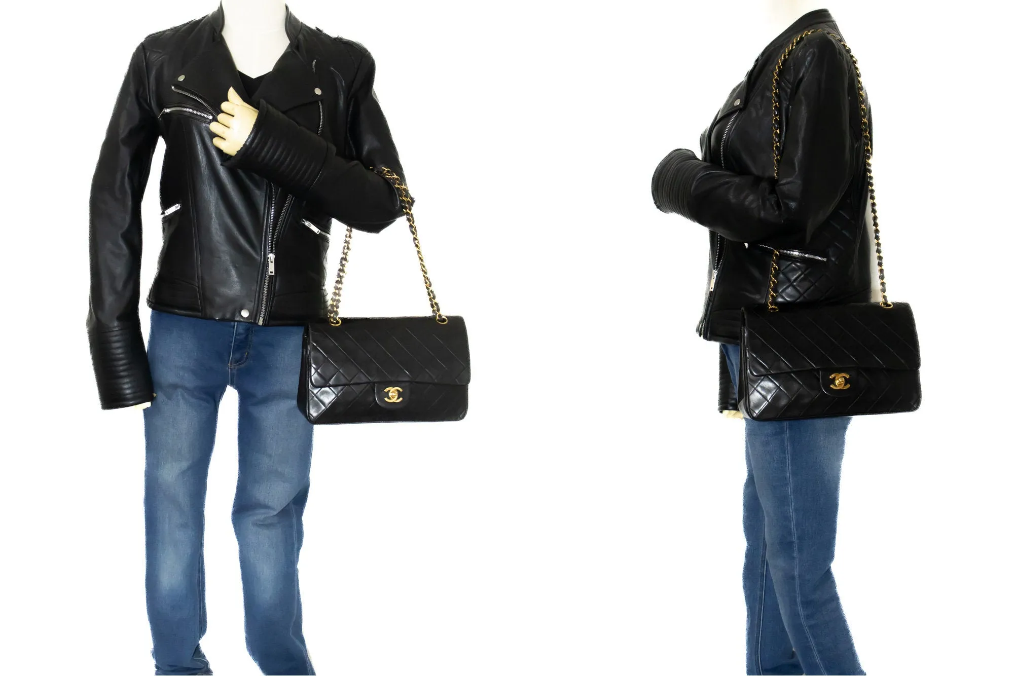 CHANEL Classic Double Flap 10" Chain Shoulder Bag Black Lambskin k87