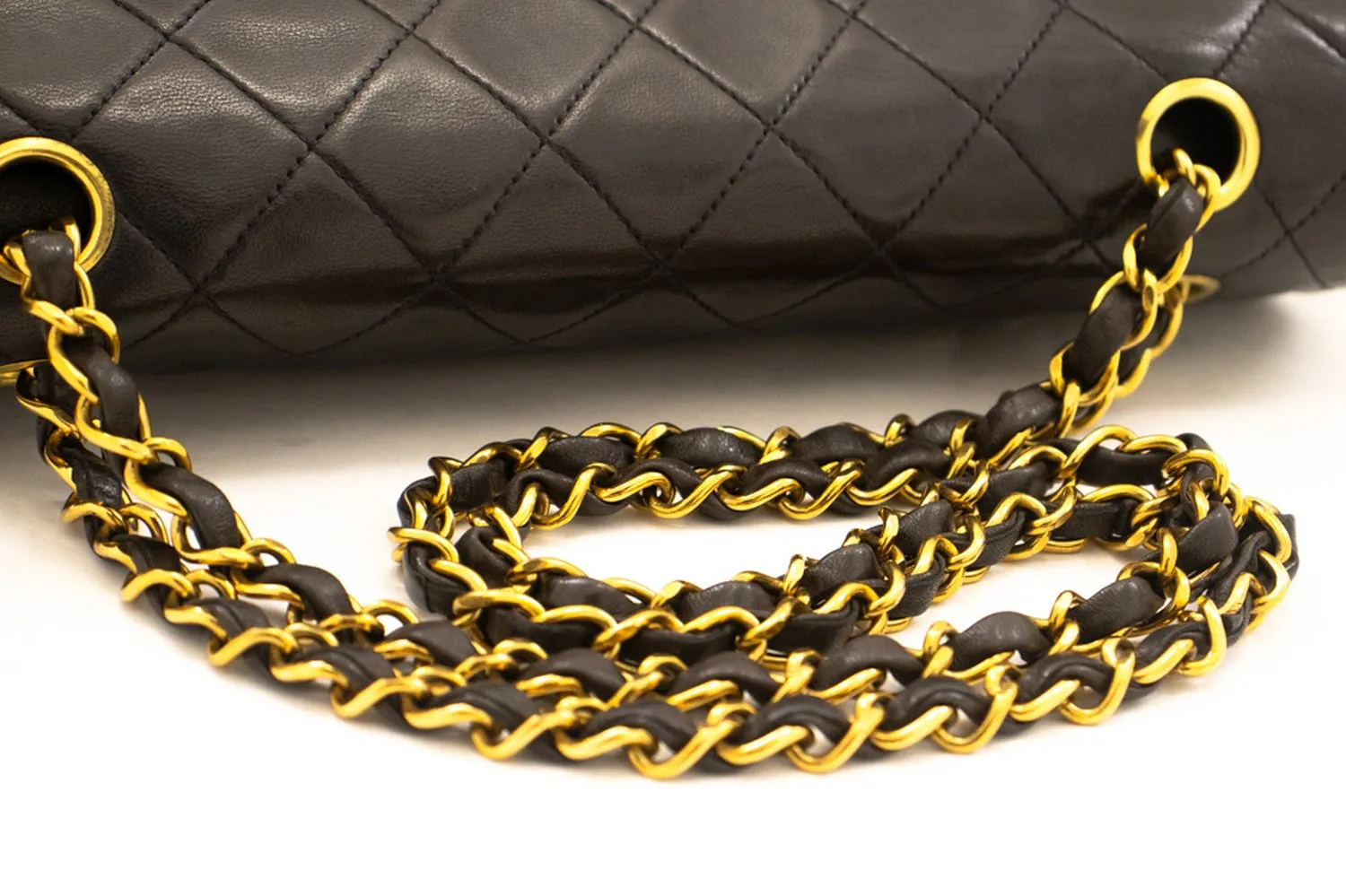 CHANEL Classic Double Flap 10" Chain Shoulder Bag Black Lambskin k87