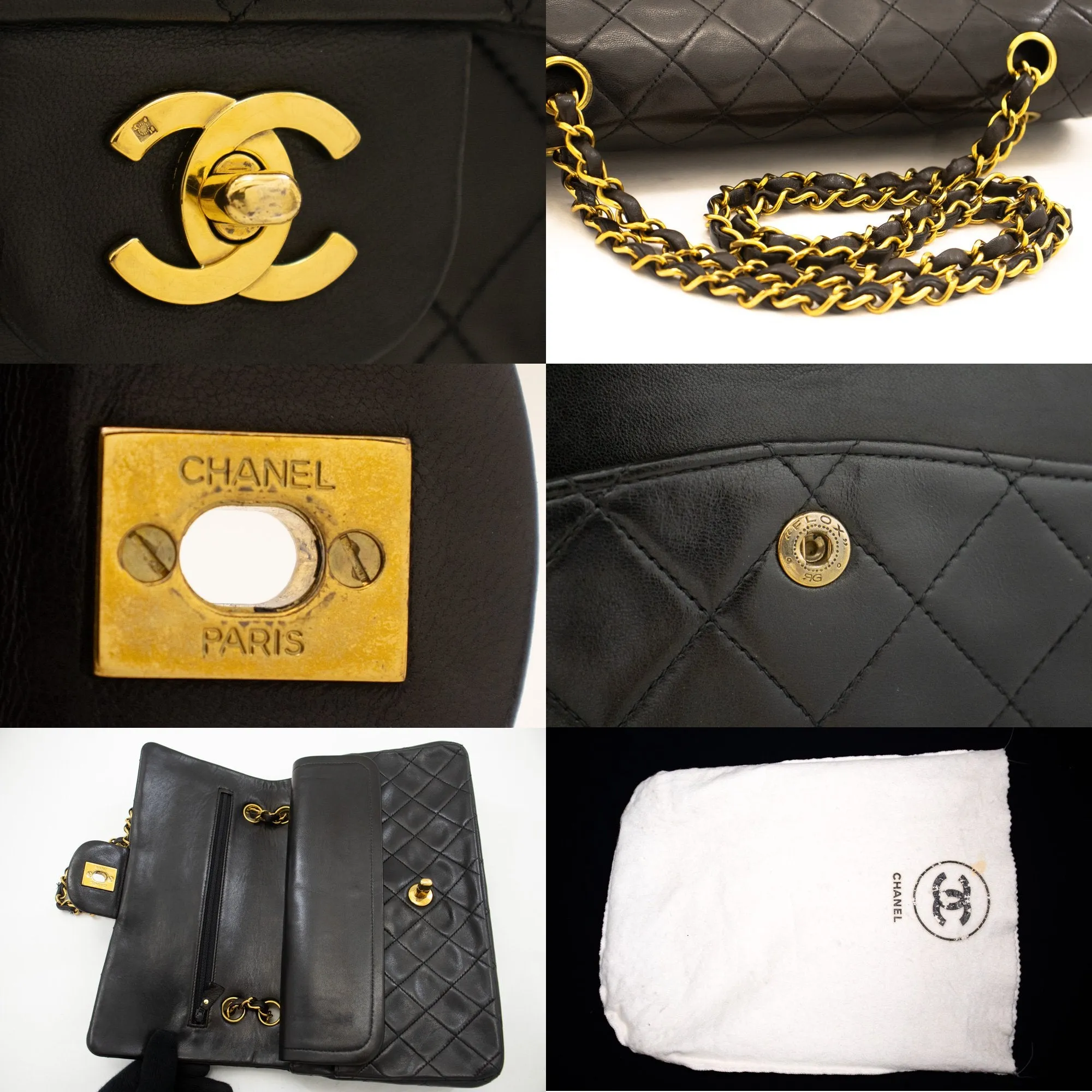 CHANEL Classic Double Flap 10" Chain Shoulder Bag Black Lambskin k87