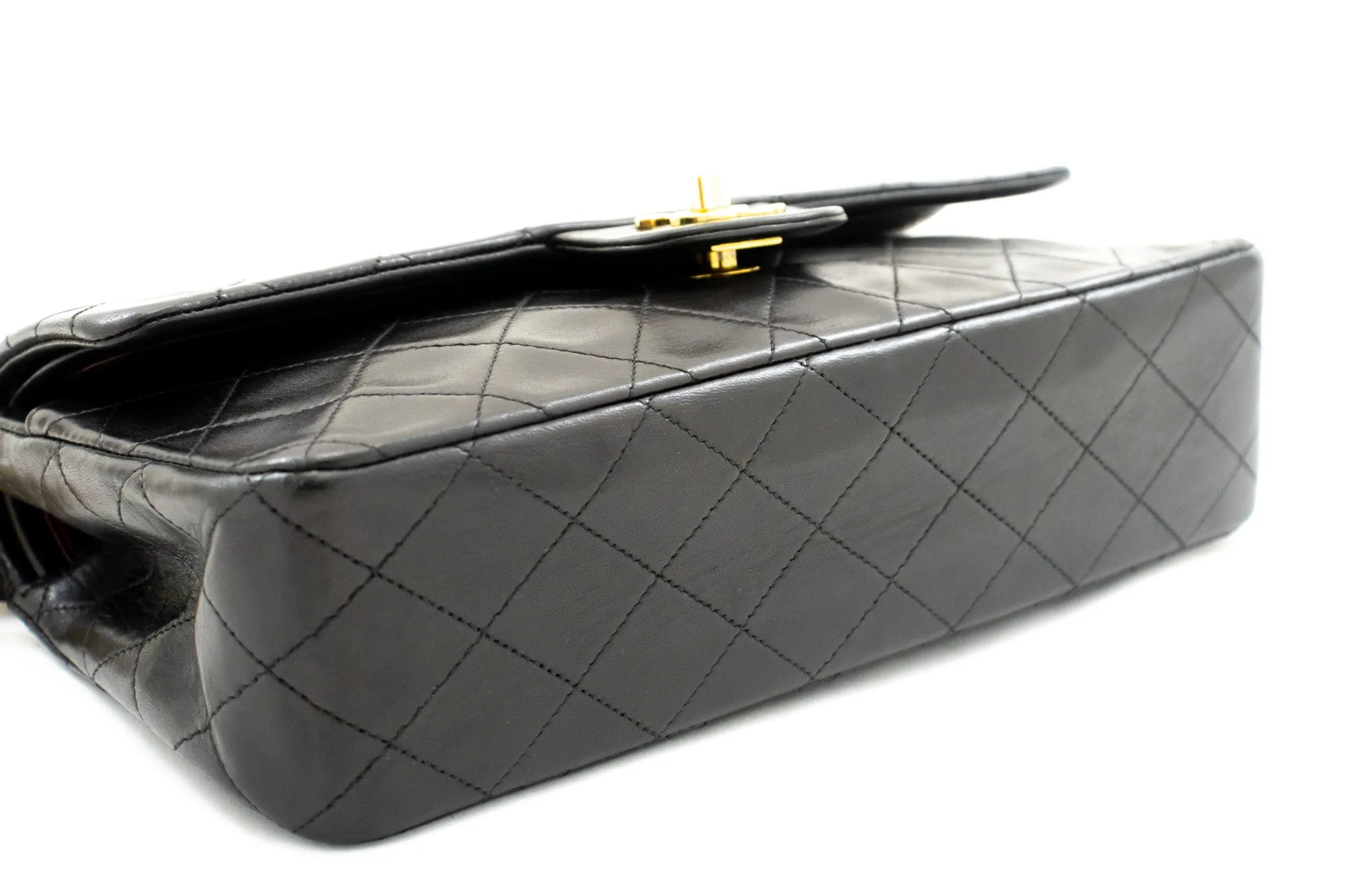 CHANEL Classic Double Flap 10" Chain Shoulder Bag Black Lambskin k87