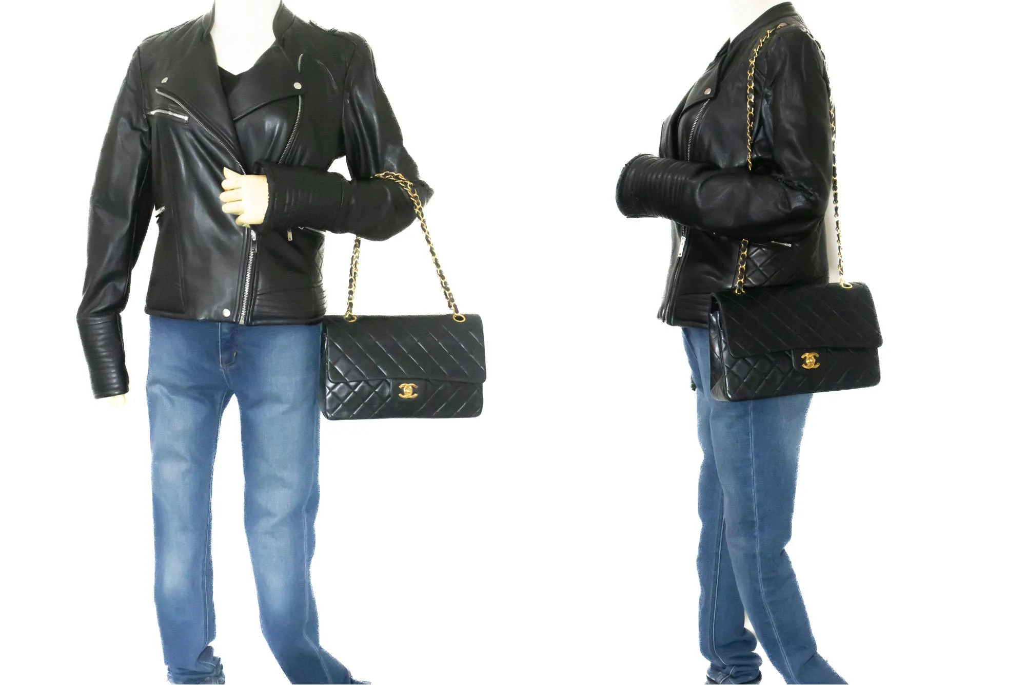 CHANEL Classic Double Flap 10" Chain Shoulder Bag Black Lambskin m48