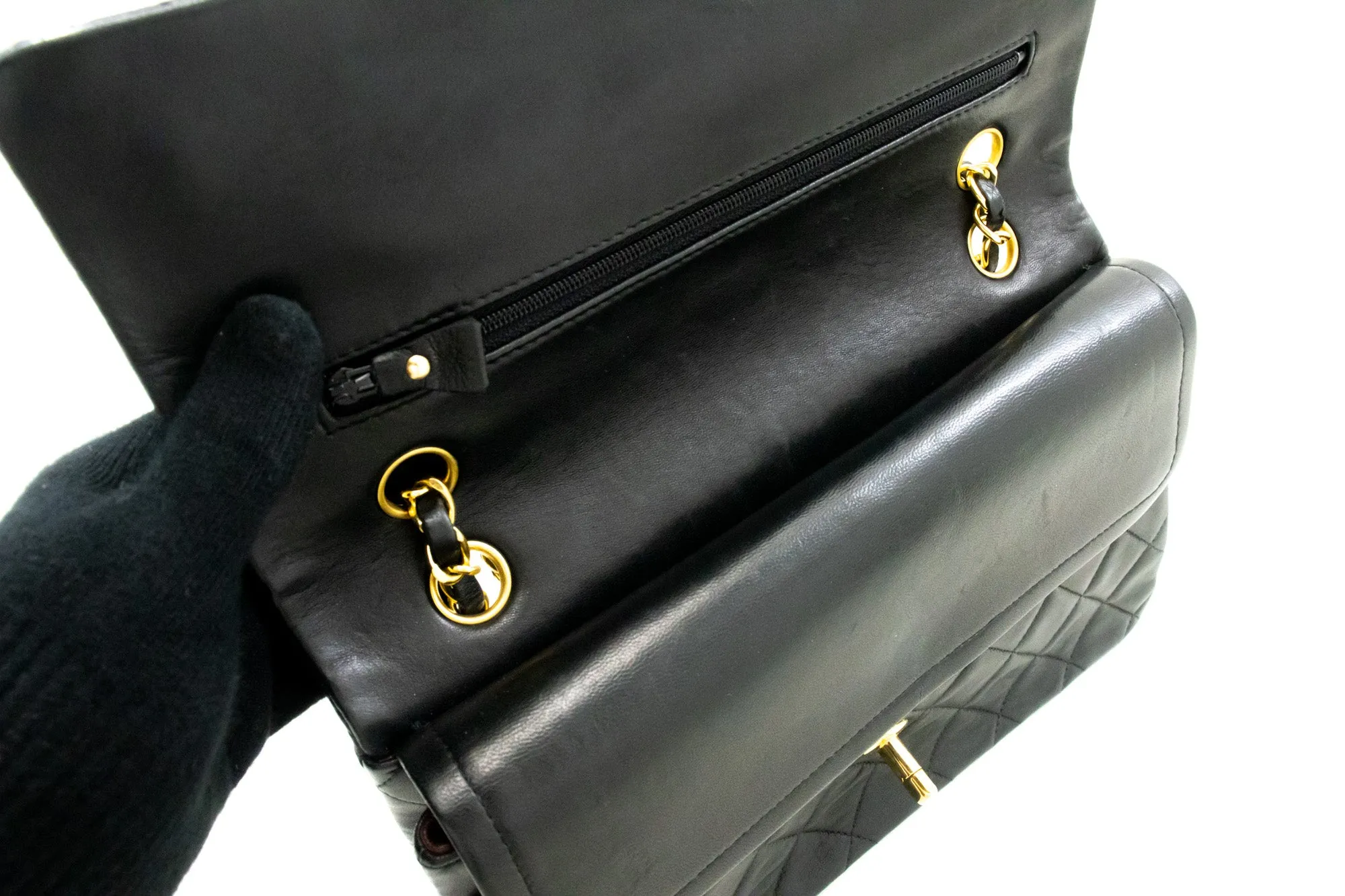 CHANEL Classic Double Flap 10" Chain Shoulder Bag Black Lambskin m48