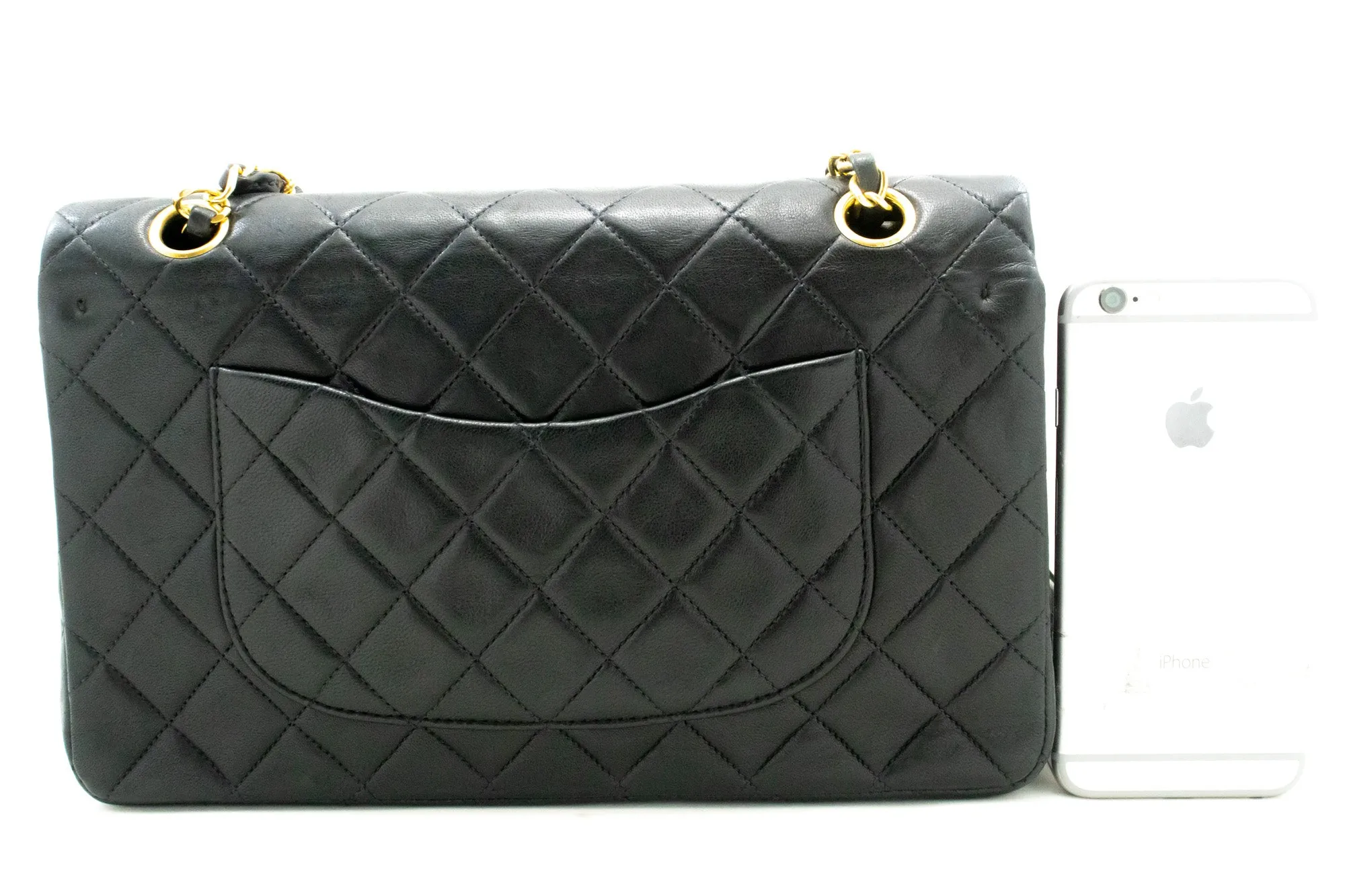 CHANEL Classic Double Flap 10" Chain Shoulder Bag Black Lambskin m48