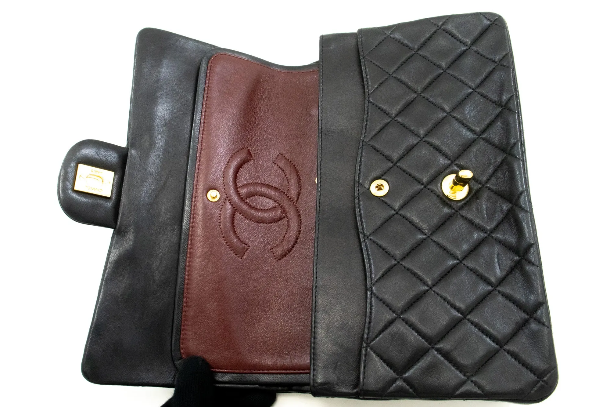 CHANEL Classic Double Flap 10" Chain Shoulder Bag Black Lambskin m48