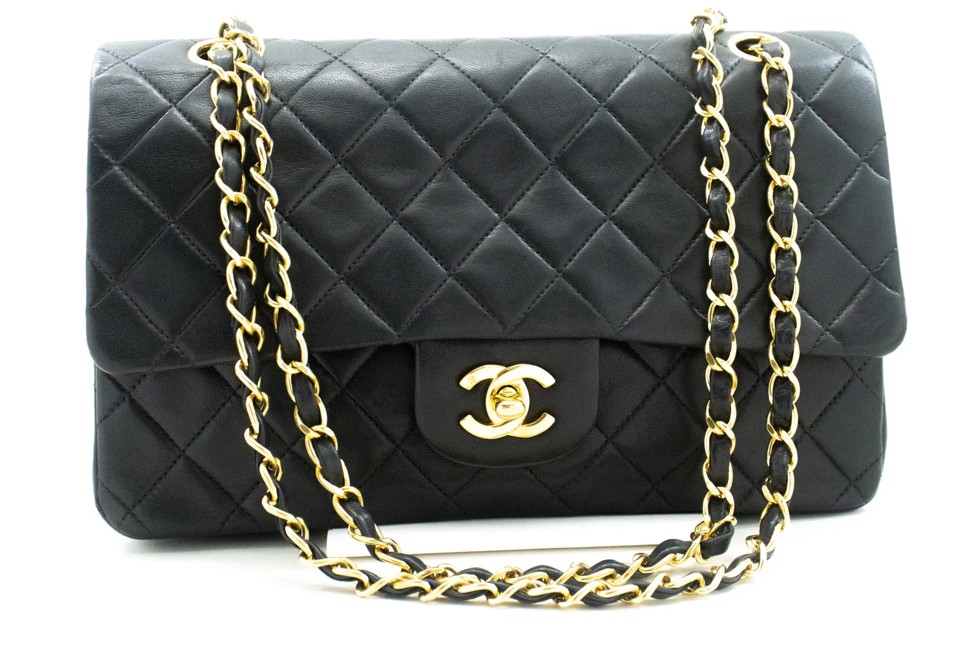 CHANEL Classic Double Flap 10" Chain Shoulder Bag Black Lambskin m48