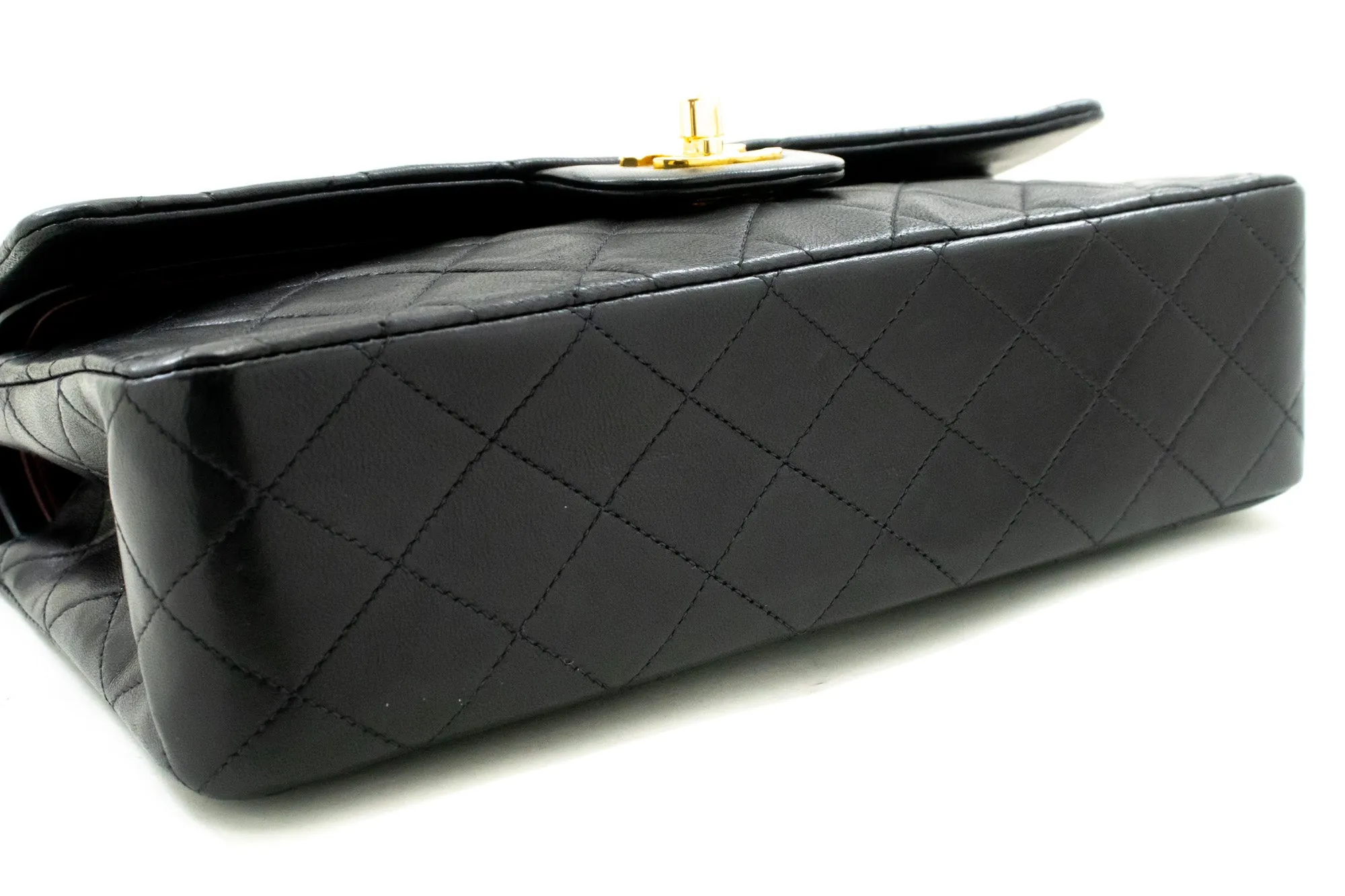 CHANEL Classic Double Flap 10" Chain Shoulder Bag Black Lambskin m48