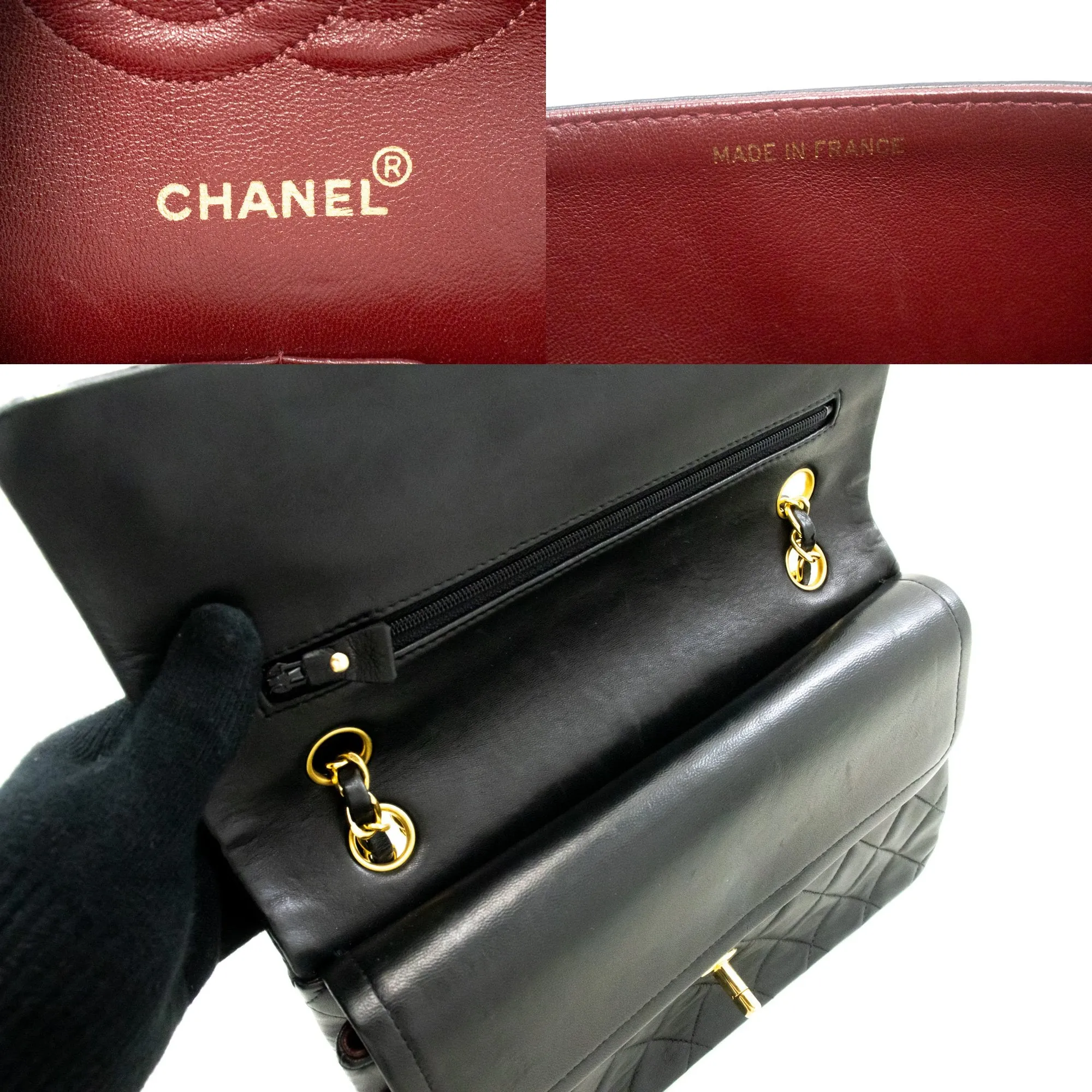 CHANEL Classic Double Flap 10" Chain Shoulder Bag Black Lambskin m48