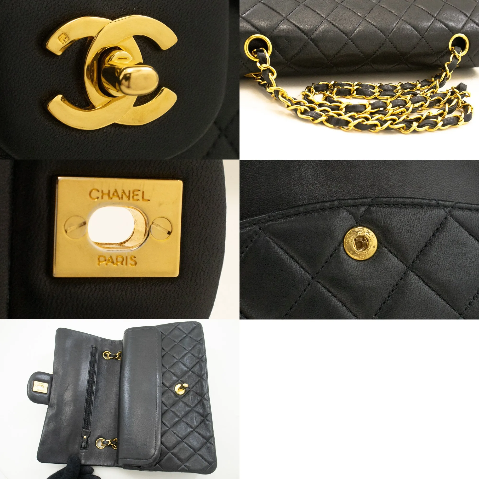 CHANEL Classic Double Flap 10" Chain Shoulder Bag Black Lambskin m48