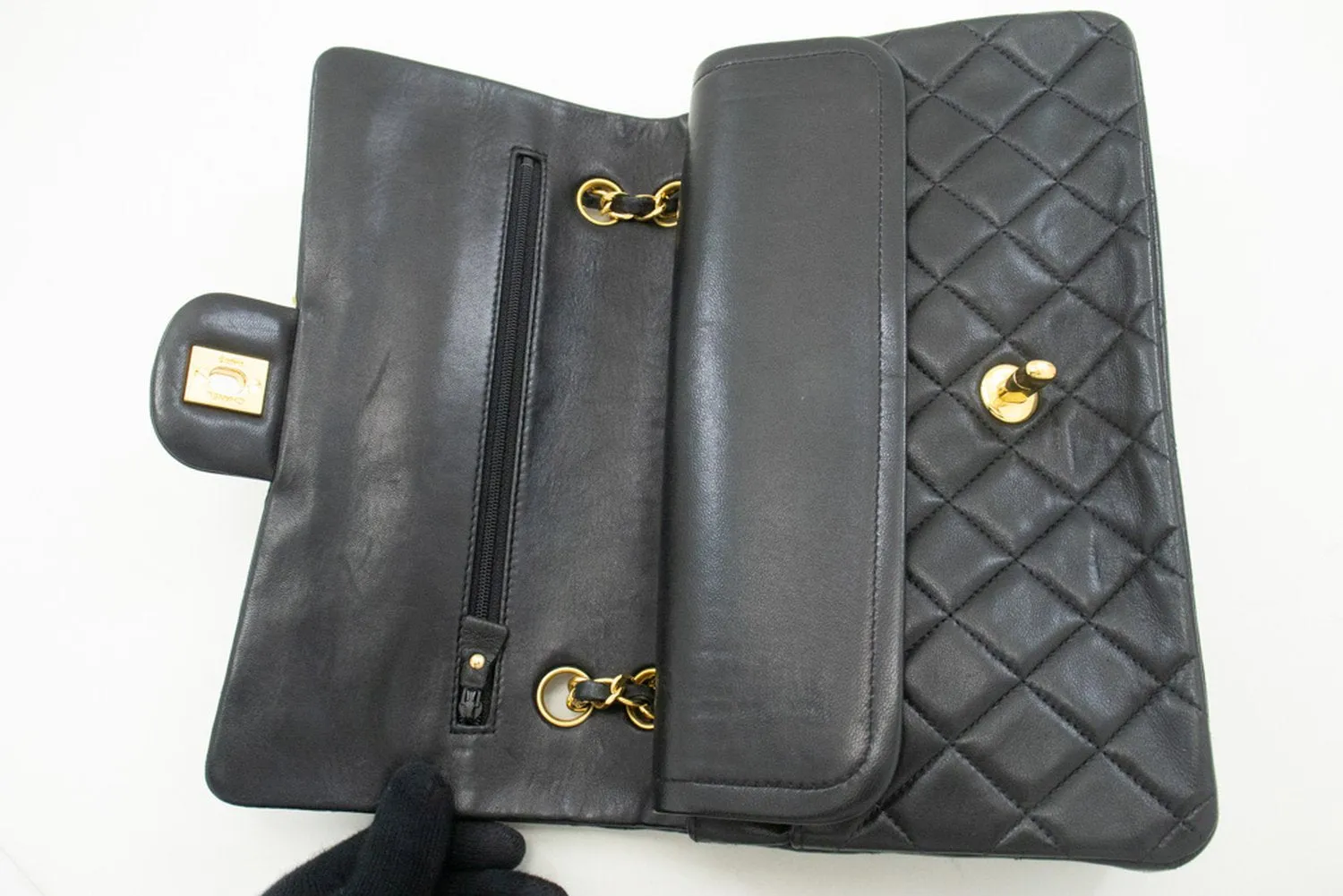 CHANEL Classic Double Flap 10" Chain Shoulder Bag Black Lambskin m48