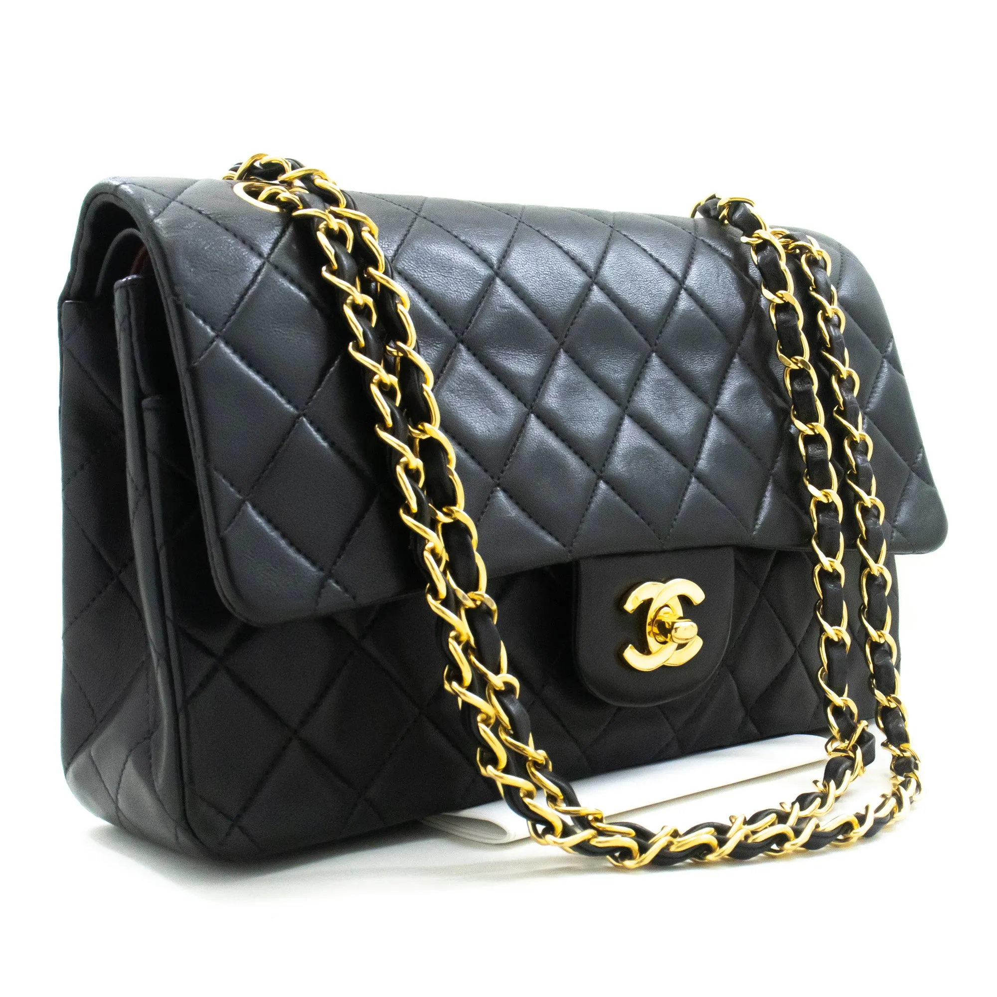 CHANEL Classic Double Flap 10" Chain Shoulder Bag Black Lambskin m48