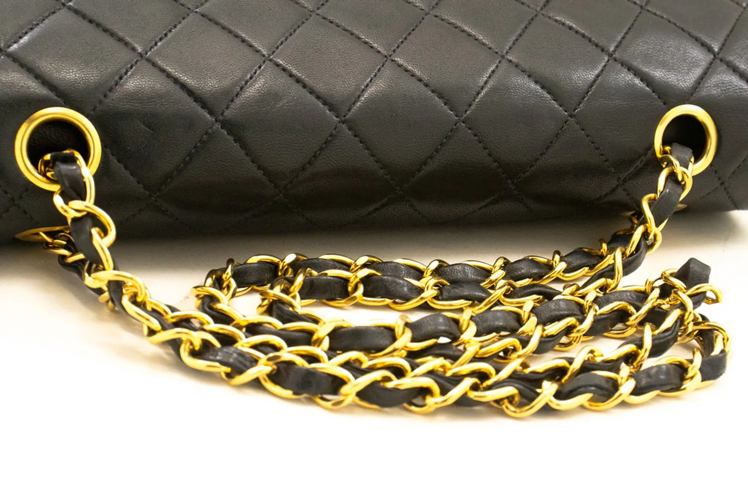 CHANEL Classic Double Flap 10" Chain Shoulder Bag Black Lambskin m48