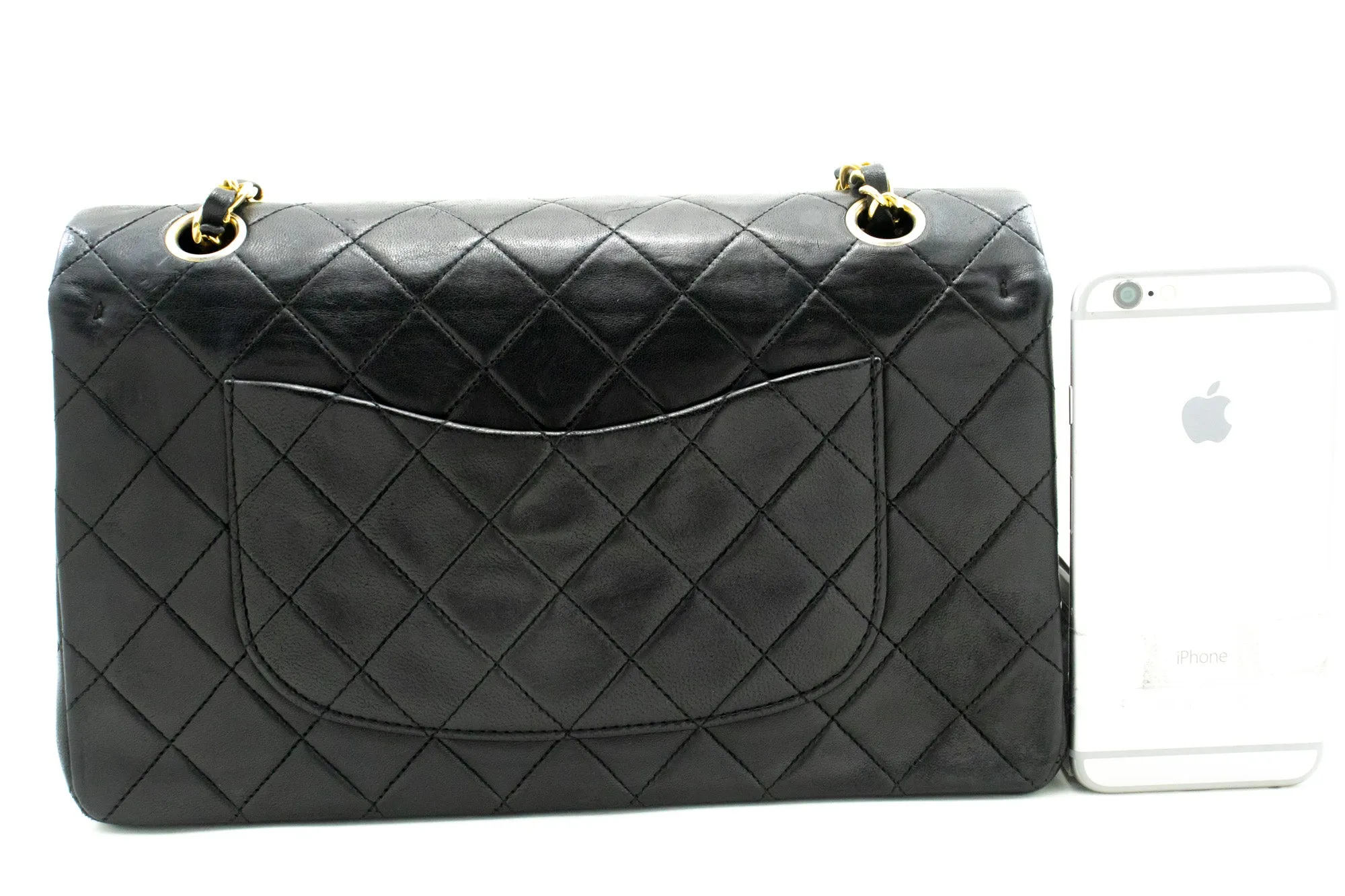 CHANEL Classic Double Flap 10" Chain Shoulder Bag Black Lambskin m50