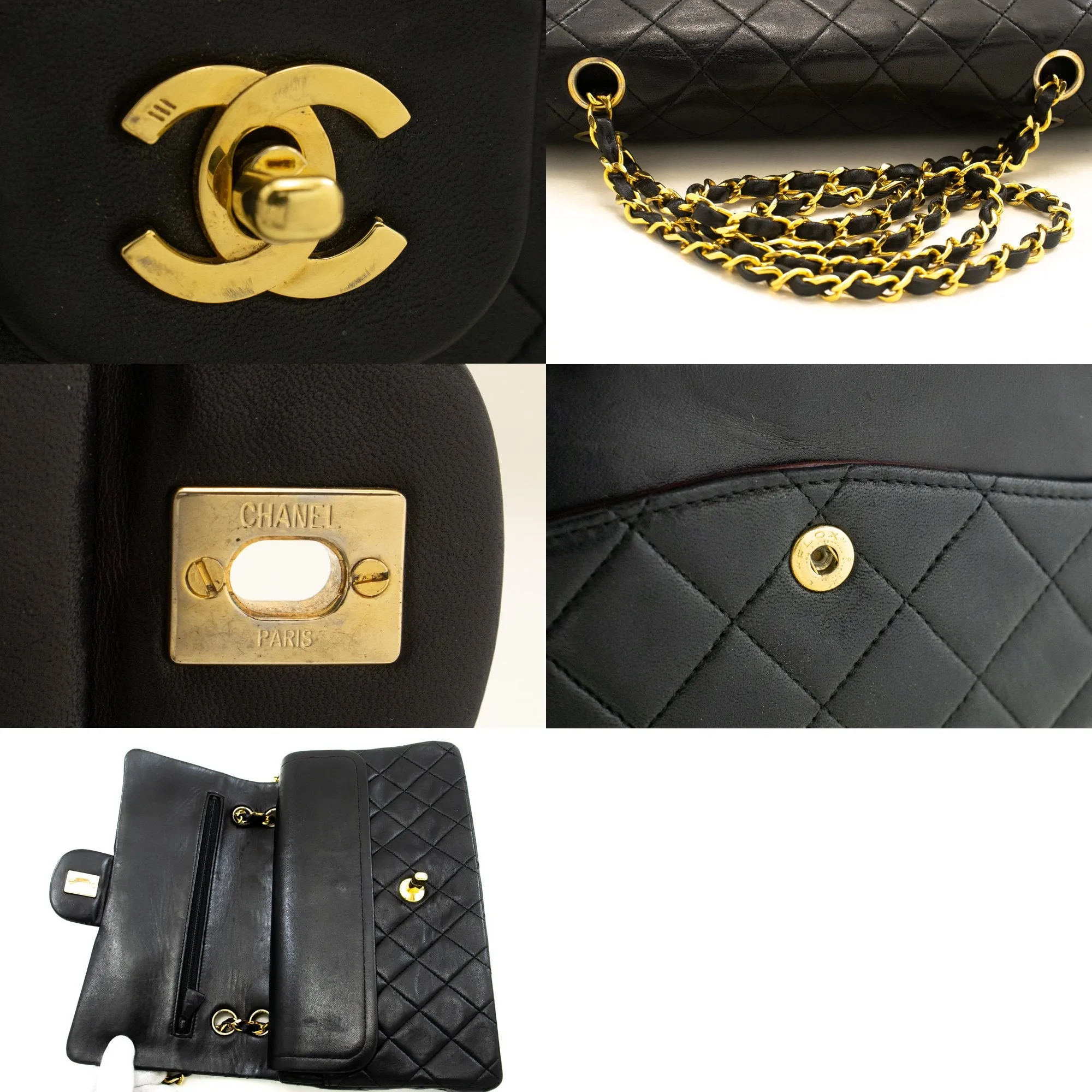 CHANEL Classic Double Flap 10" Chain Shoulder Bag Black Lambskin m50