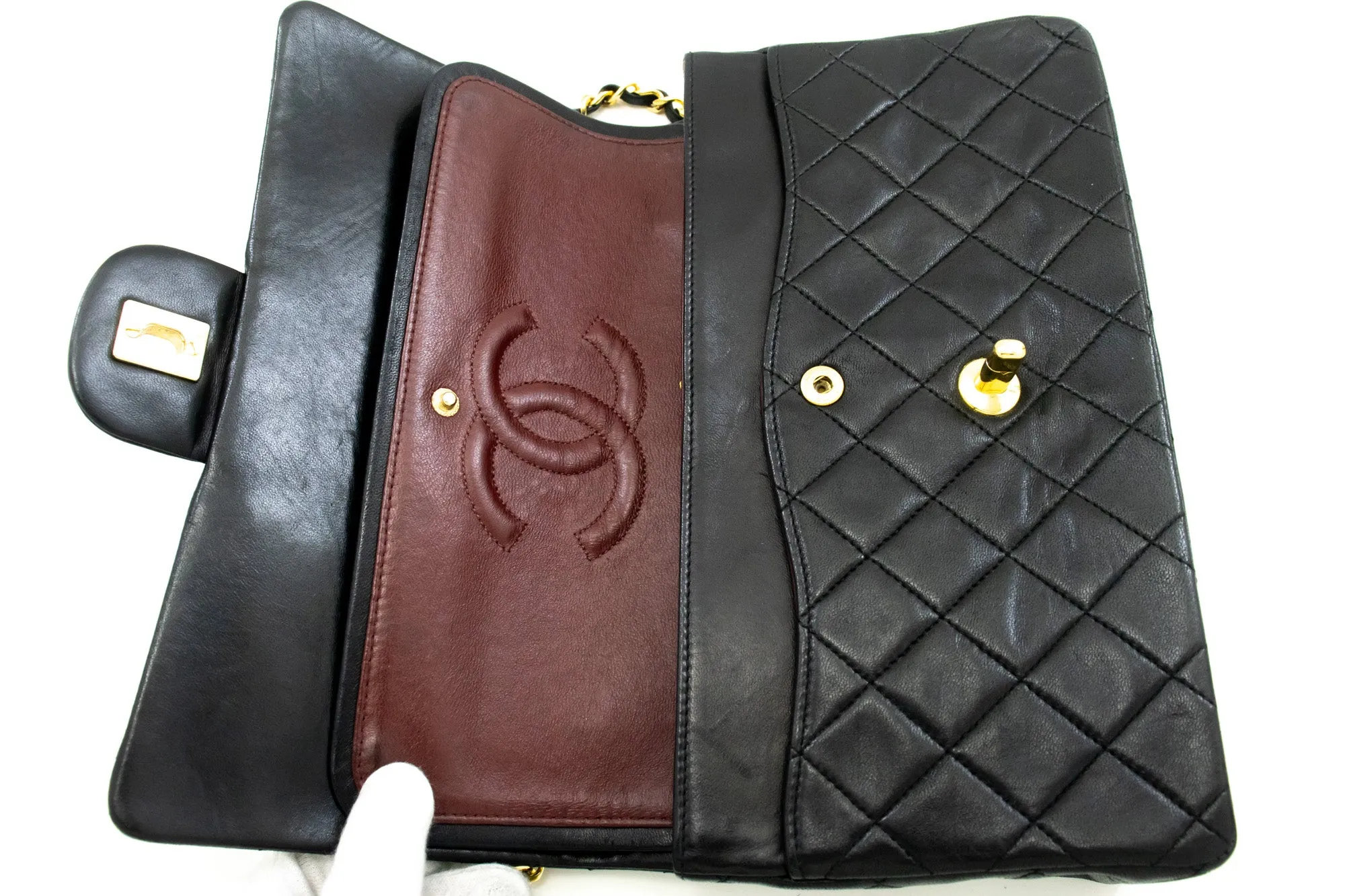 CHANEL Classic Double Flap 10" Chain Shoulder Bag Black Lambskin m50