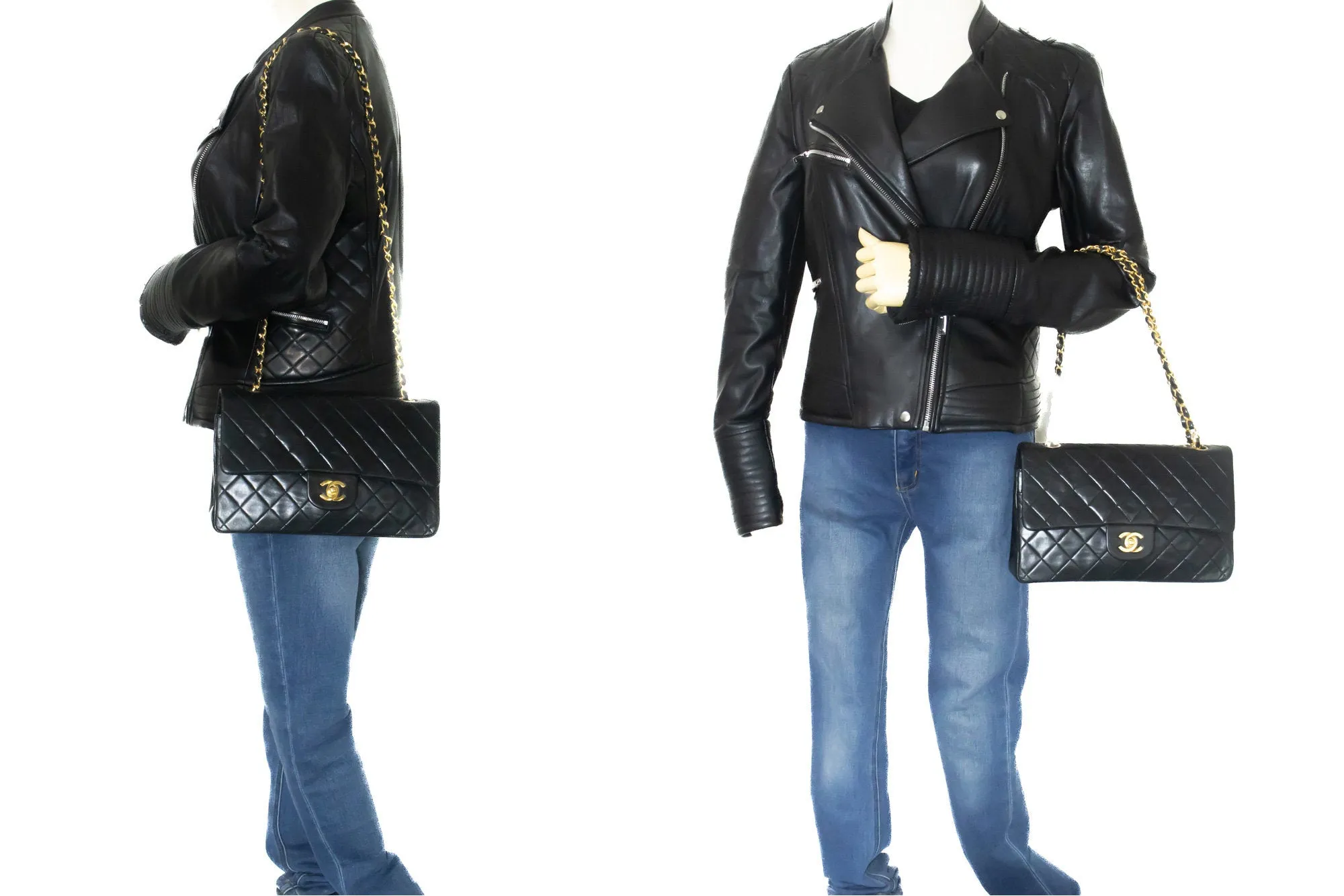 CHANEL Classic Double Flap 10" Chain Shoulder Bag Black Lambskin m50