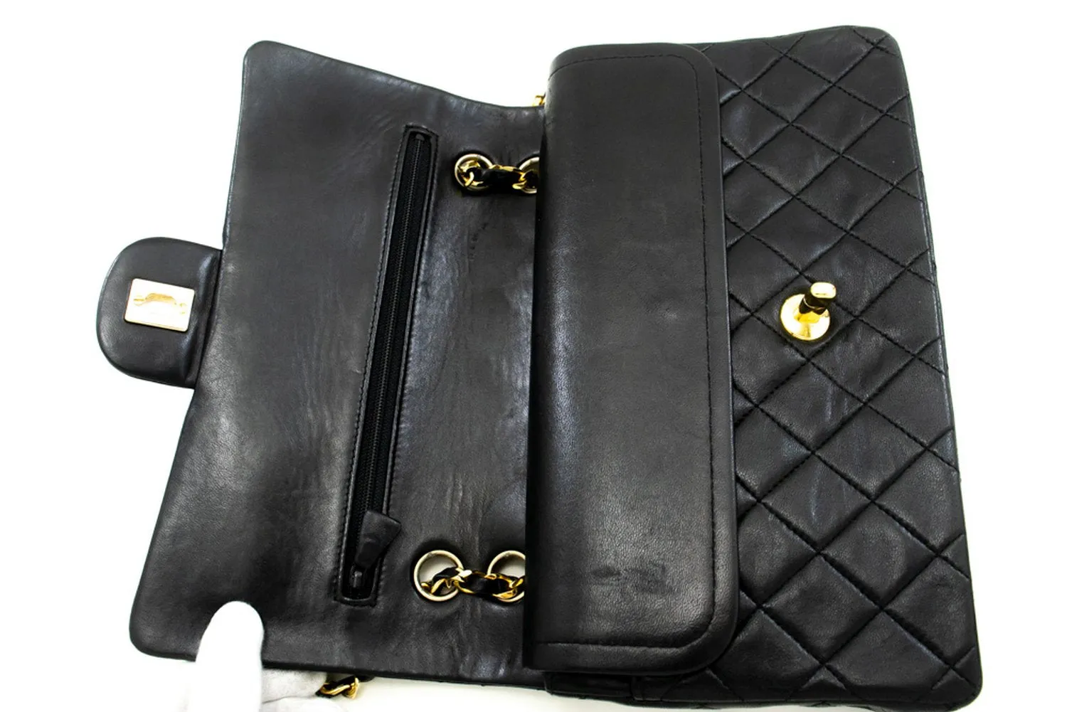 CHANEL Classic Double Flap 10" Chain Shoulder Bag Black Lambskin m50